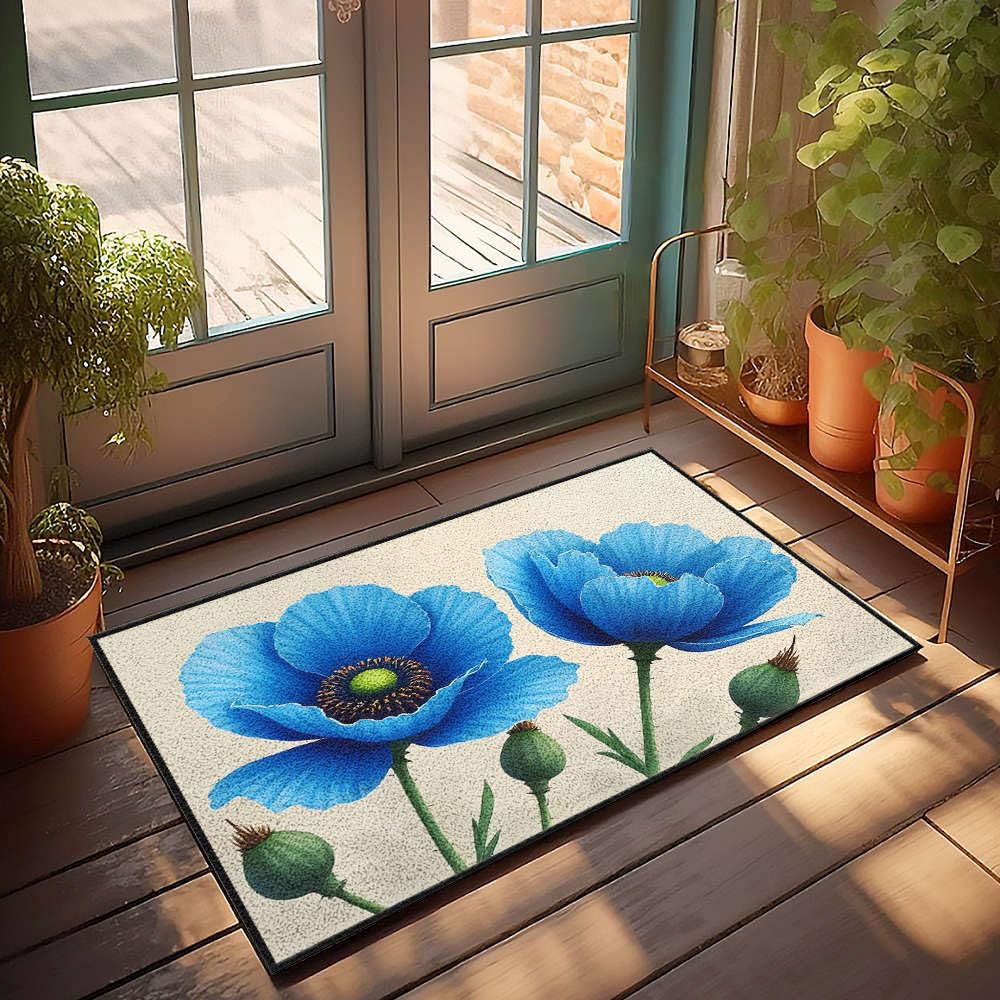 Paillasson deux coquelicots bleus anti-saleté grand tapis de porte