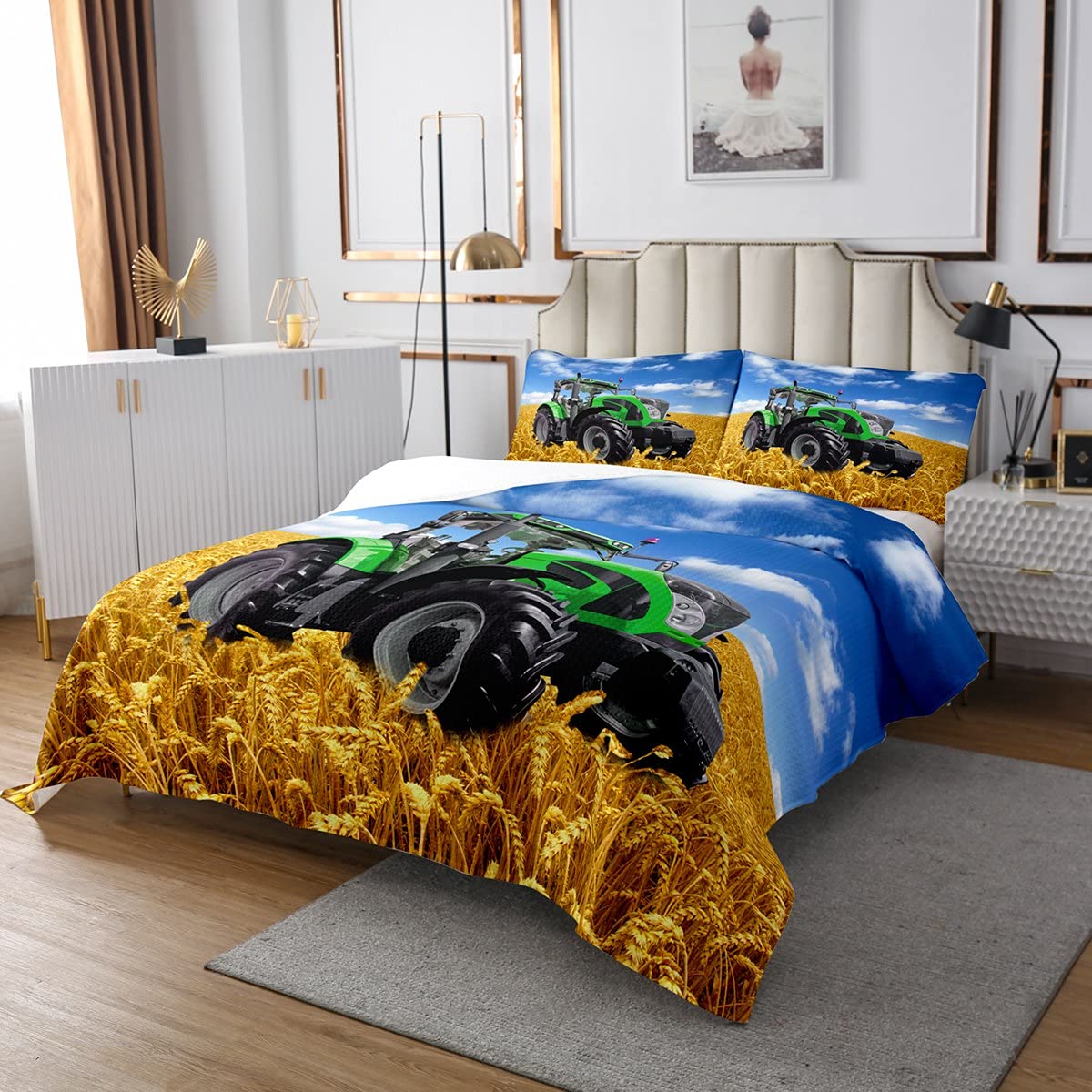 Wheatfield Combine Copriletto Trapuntato per Trattore per Ragazzi - Blu Verde Oro 100% Microfibra Trapunta Fattorie 170X230cm