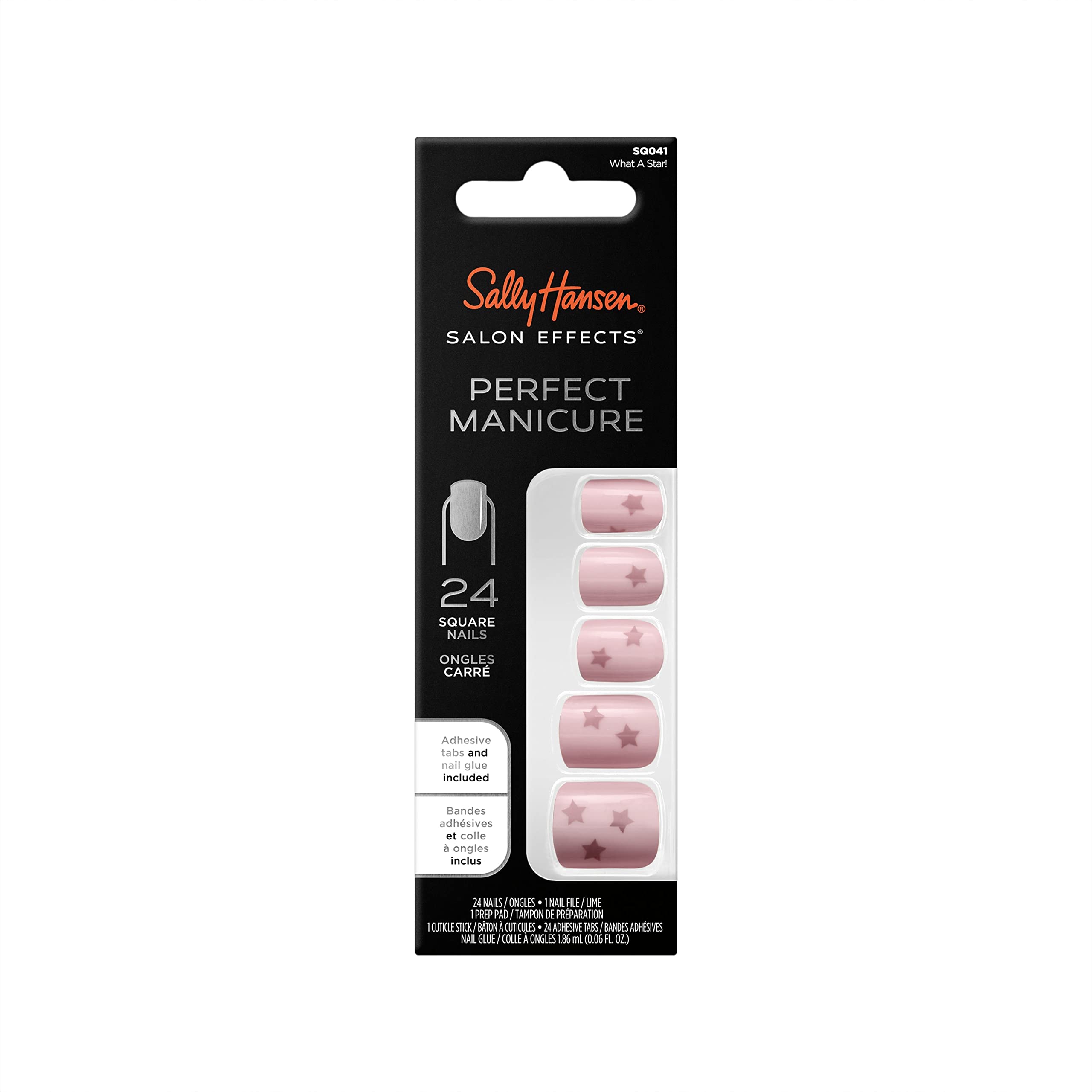 Sally Hansen Salon Effects Perfect Manicure, What A Star Square, Press on Nails with Adhesive Tabs & Glue, Easy Apply, 24 Pcs, Manicure at Home