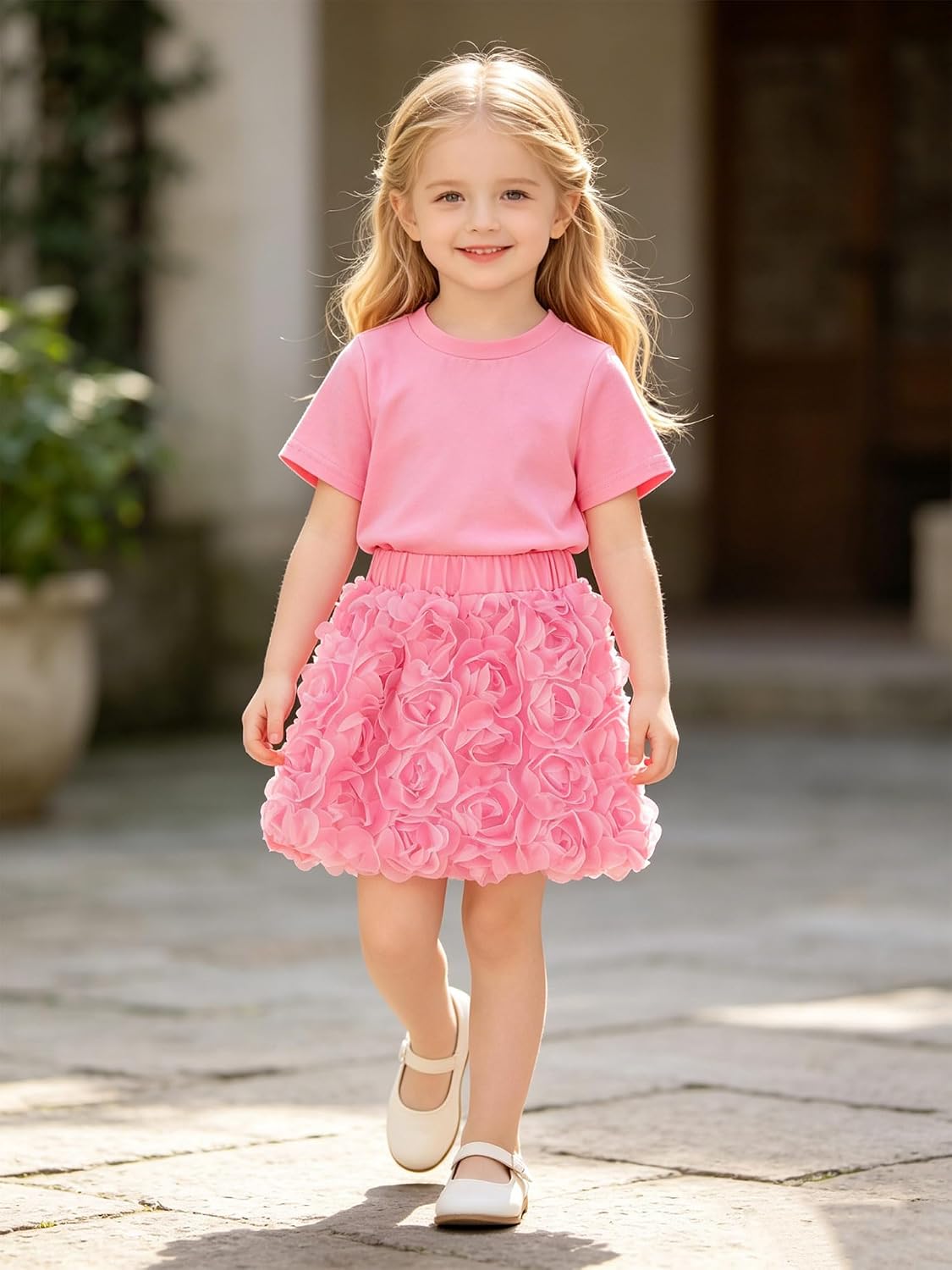 JEYPINMI Little Girls Skirt Set 2 Piece Outfit Short Sleeve Tops Mini Skirts for Weekends Graduation Activity Pink 6-7 Years