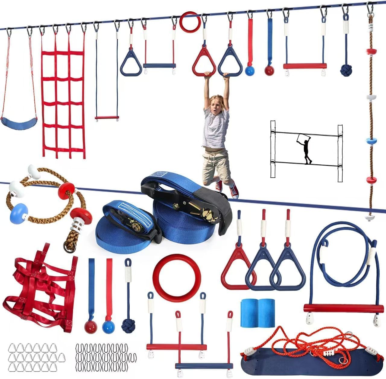 Ninja Warrior Obstacle Course for Kids – 2 x 60 ft Slacklines with 13 Weatherproof Obstacles – Includes Bottom Line, Traverse Rings, Monkey Net – Supports 880 lbs – Easy Setup on Trees or Posts