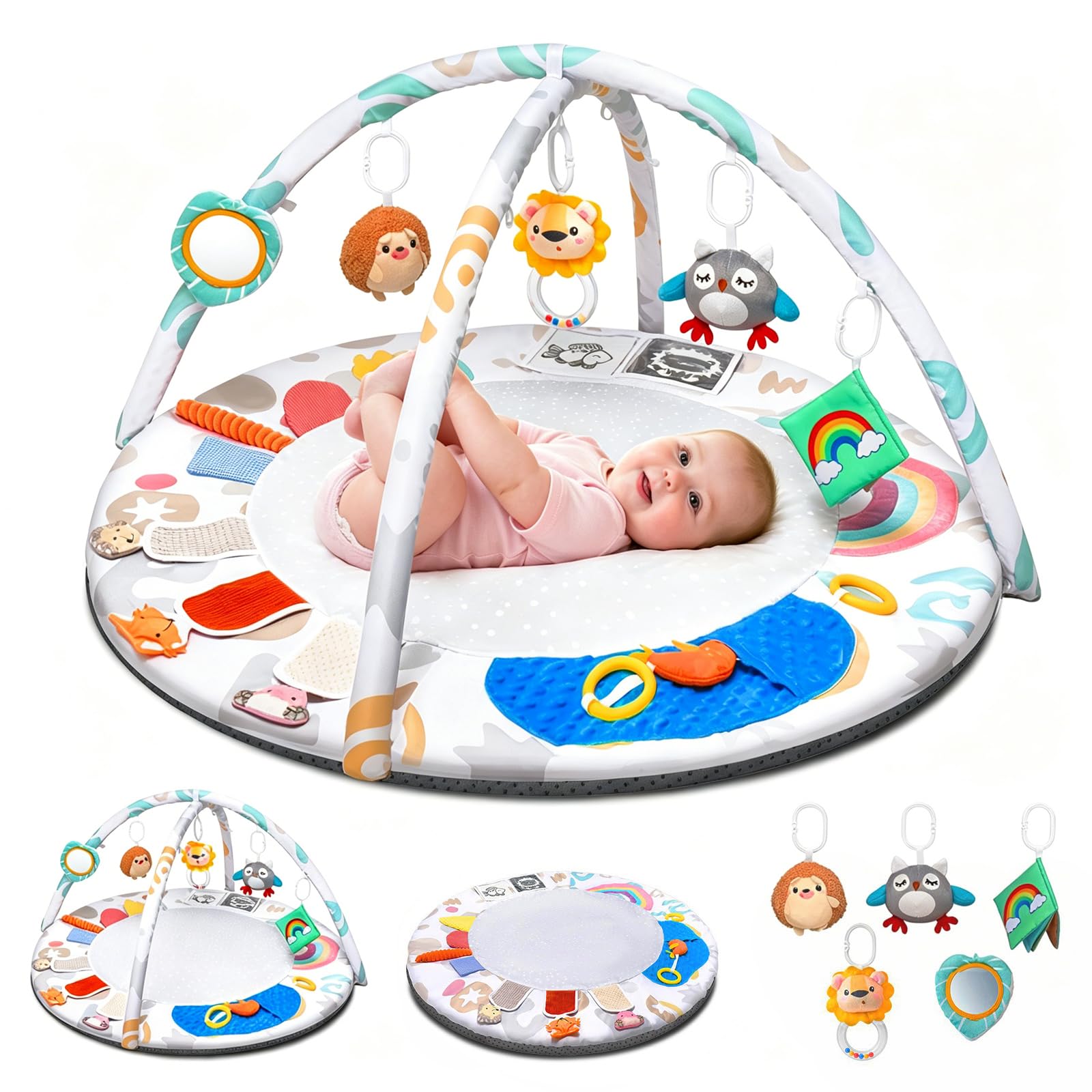 Tapis d'Éveil Bébé avec Arche Amovible, Jeux Sensoriels Montessori pour Matelas d'Activité, Tapis d'Éveil avec 5 Jouets à Suspendre, 0-12 Mois Cadeau de Naissance Garçon Fille