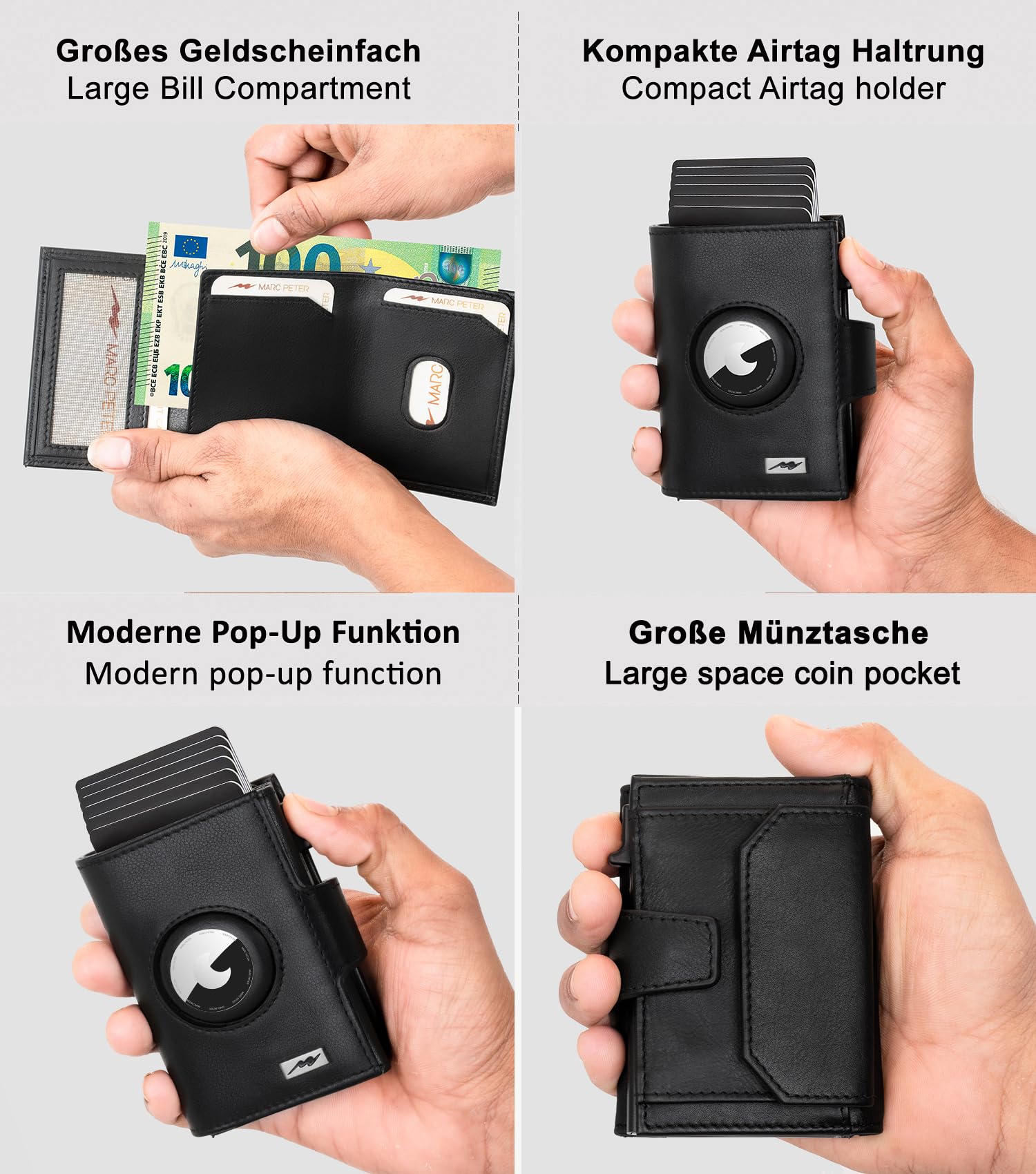Marc Peter® Chicago Leder Push Air Slim Wallet - Airtag Geldbörse mit Münzfach - RFID Schutz kleines Mini Portmonee Leder Schwarz XL MÜNZFACH