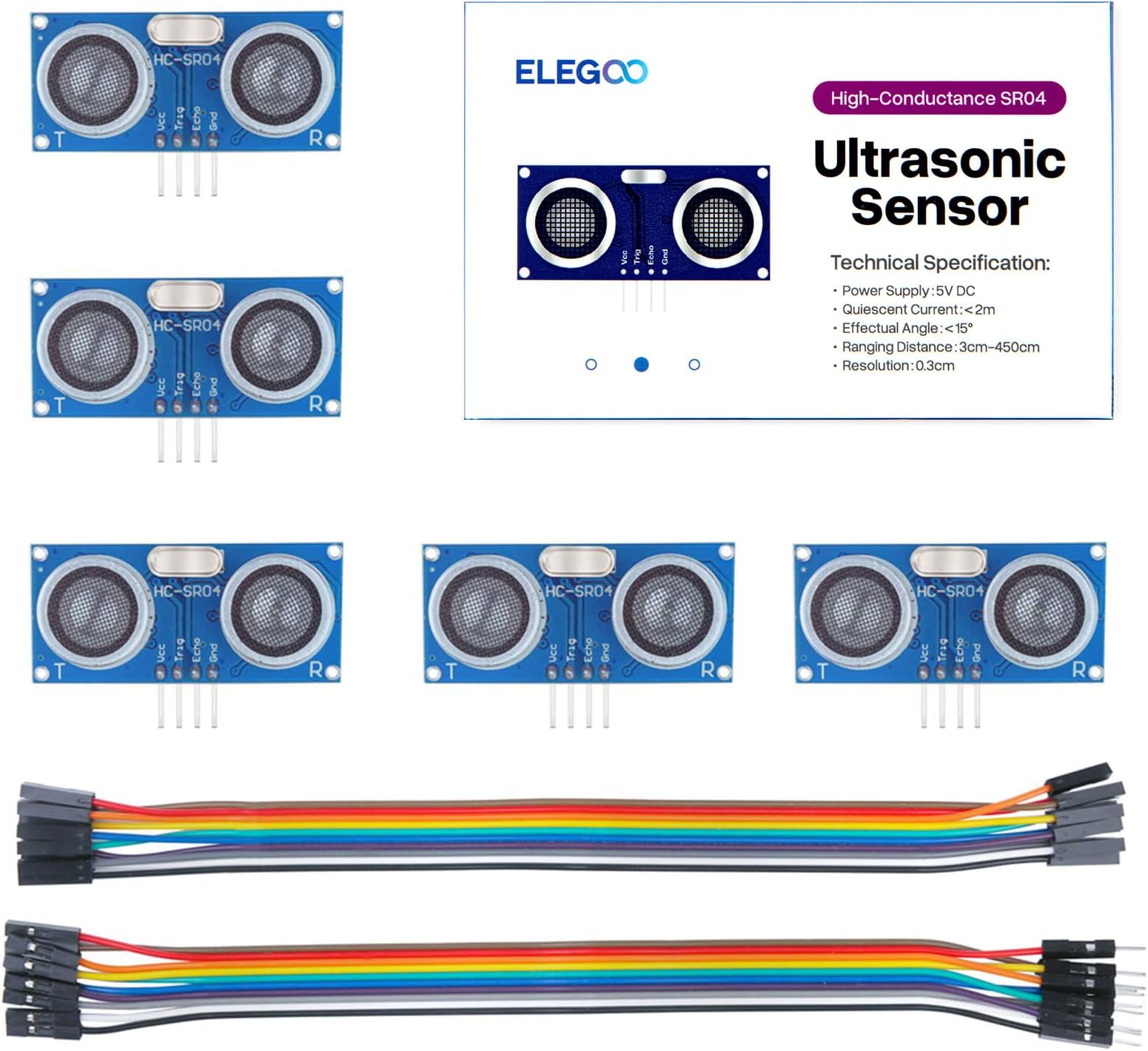 ELEGOO 5PCS HC-SR04 Ultrasonic Module Distance Sensor Compatible with Arduino UNO MEGA Nano Robot XBee ZigBee