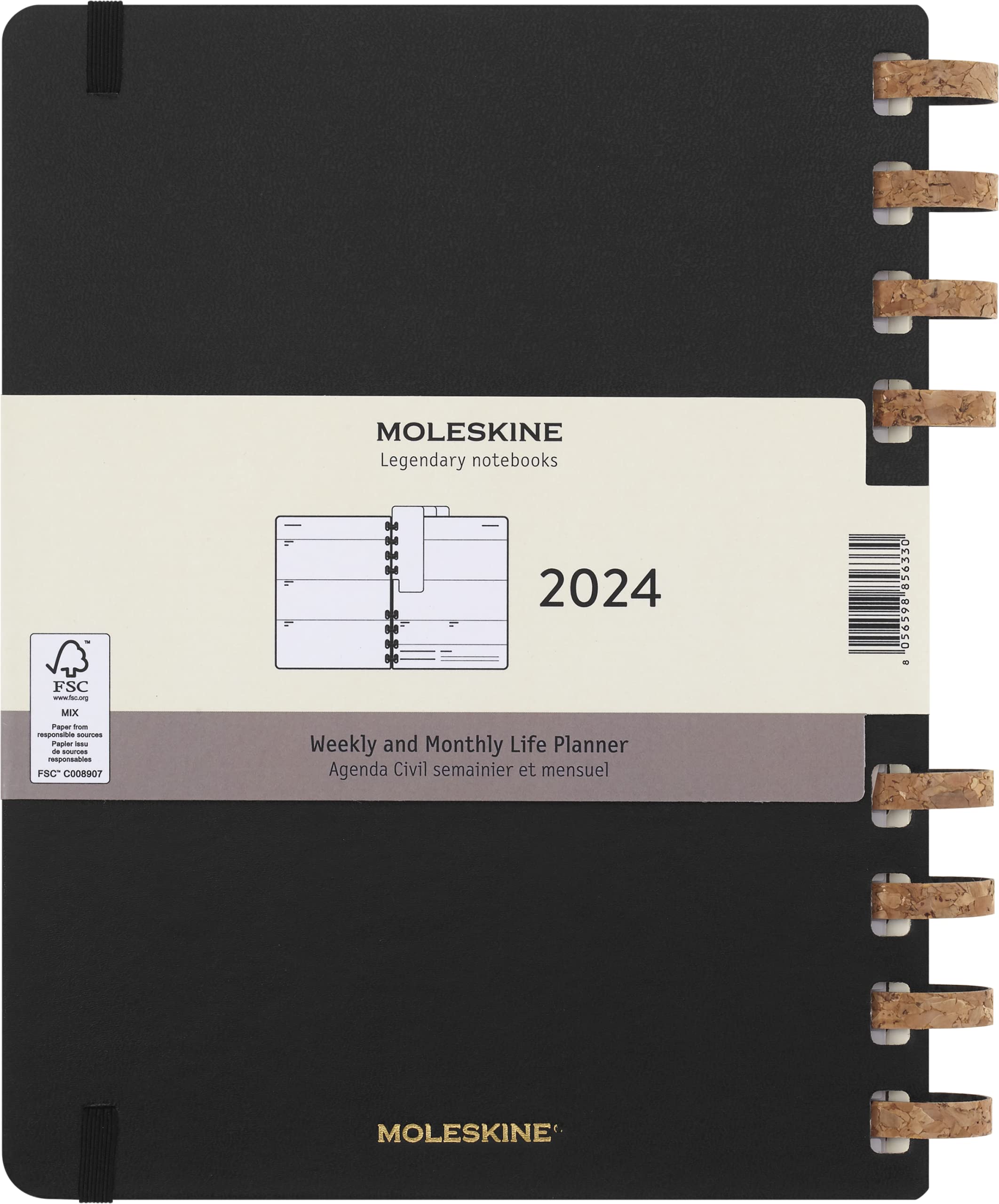 Moleskine Wochen- und Monatsplaner , 12 Monate 2024, Agenda 2024, XL 20,4x25,2, Hardcover mit Gummizugverschluss, Farbe Schwarz