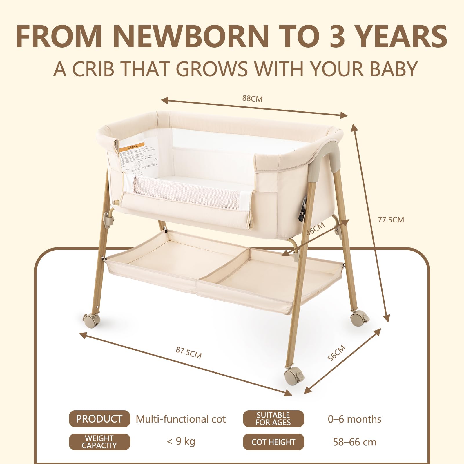 Zkiprm Cuna Colecho Bebé, Cama Colecho Bebé Plegable de Fácil Montaje, Cuna con mosquitero, 4 Ruedas Bloqueables, Bolsa de Viaje y Cesta de Almacenamiento | Máximo : 9 kg | 0 a 6 Meses（Beige）
