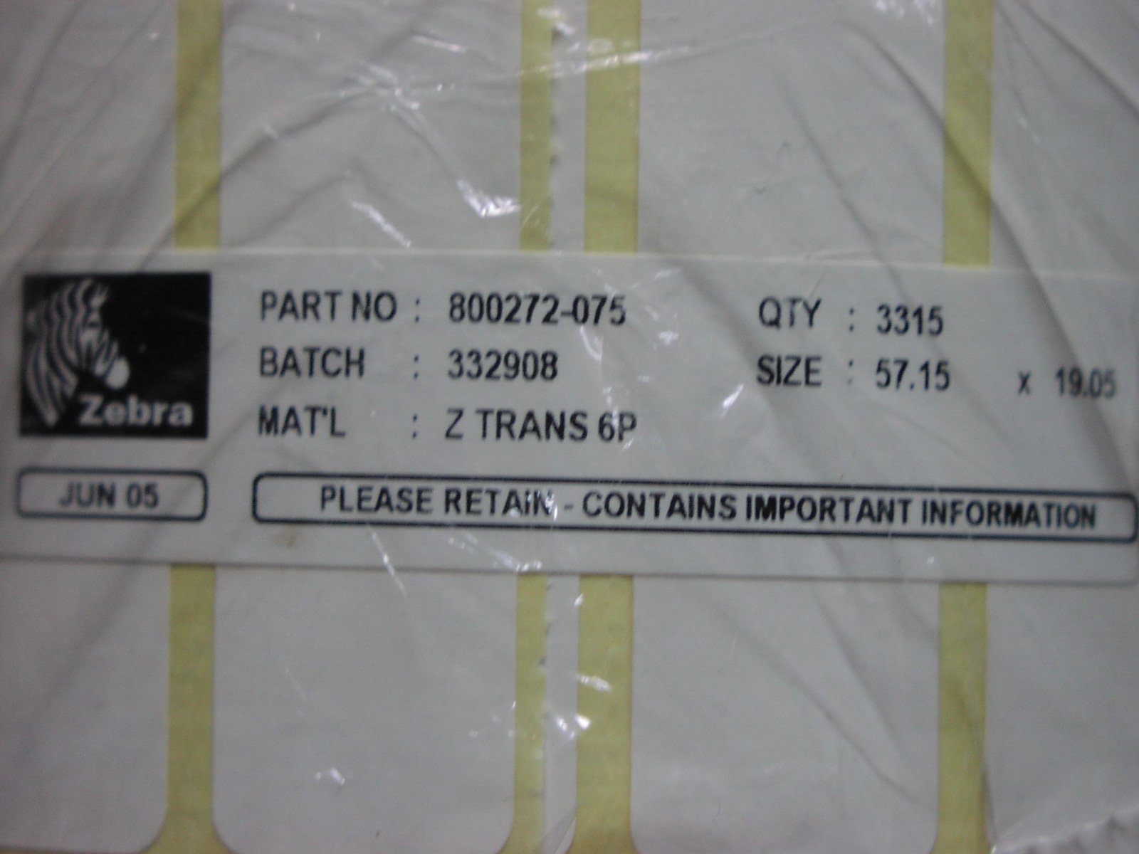 Zebra Technologies Etiquetas Transfer. TÉRMICA Premium, 57MM X 19MM. 3315 ETIQ/Rollo. para IMPRESORAS TLP2844,TLP3742. 1 Caja (12 Rollos)