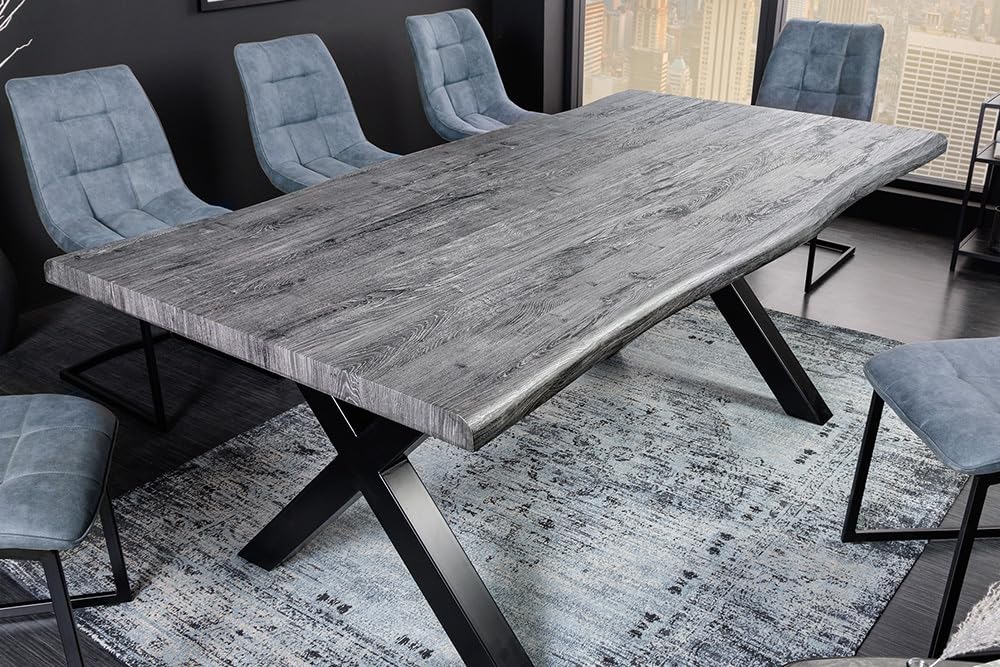 Riess Ambiente Industrial Esstisch WILD - 160cm - grau gekälkt schwarz - Wildeiche-Design - Baumkante X-Gestell Konferenztisch