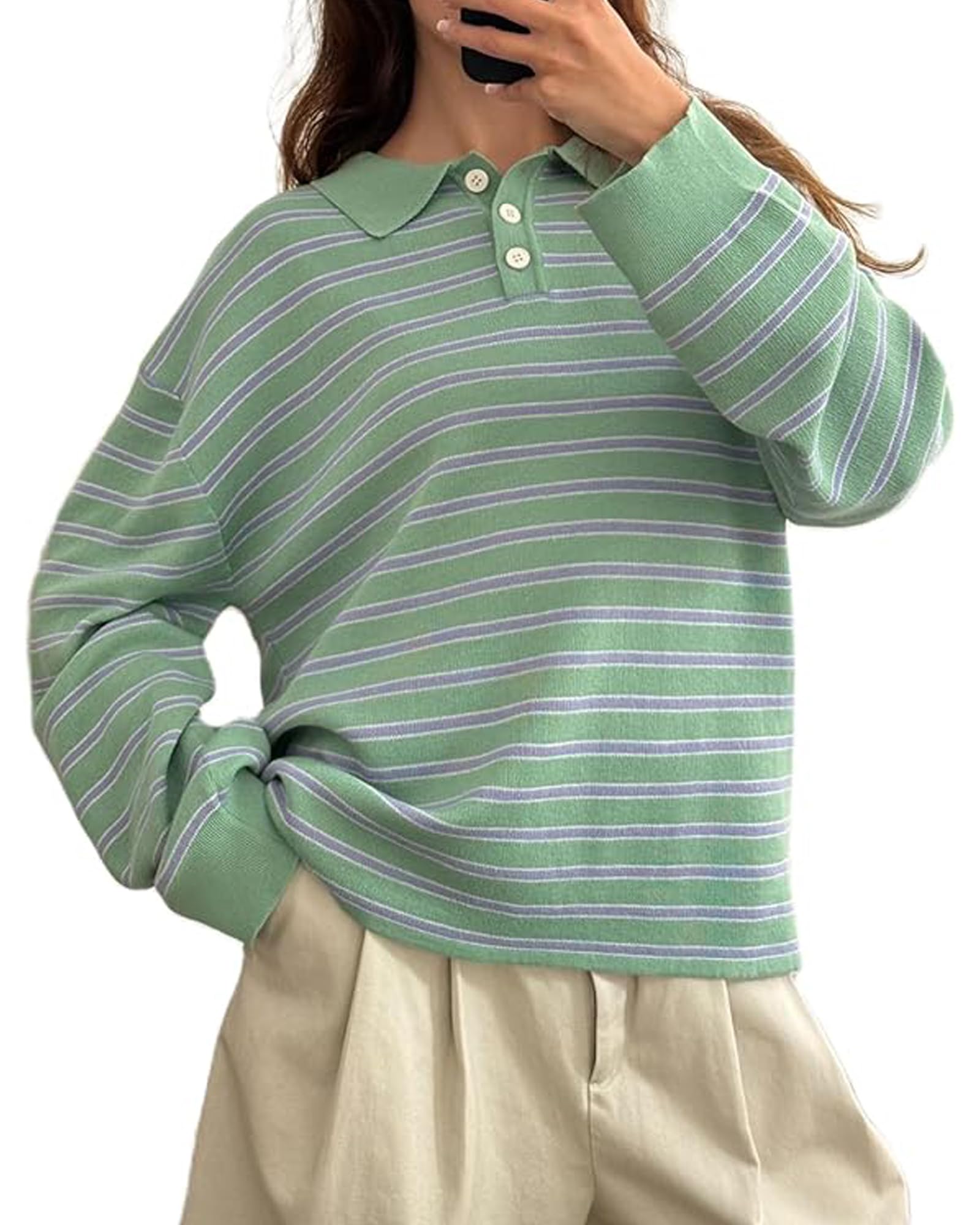 Women Y2k Striped Oversized Polo Sweater Vintage Aesthetic Preppy Knit Long Sleeve Pullover Golf Rugby Sweatshirt