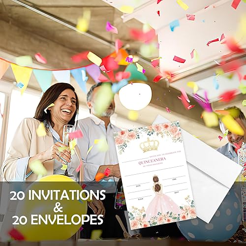 Miniatura 4 de AEHIE 20 juegos de invitaciones de relleno en forma de fiesta de quinceañera 15 con sobres, invitaciones de princesa rosa con corona floral rosa
