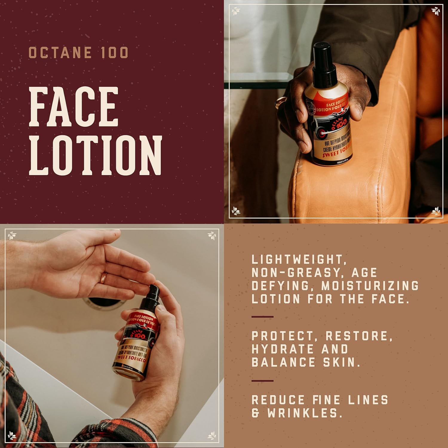 18.21 Man Made Octane 100 Face Lotion 3.4 oz Sweet Tobacco & Lip Balm 2-Set Bundle, All Hair & Skin Types for Men, Strengthens and Moisturizes in a Manly Aroma
