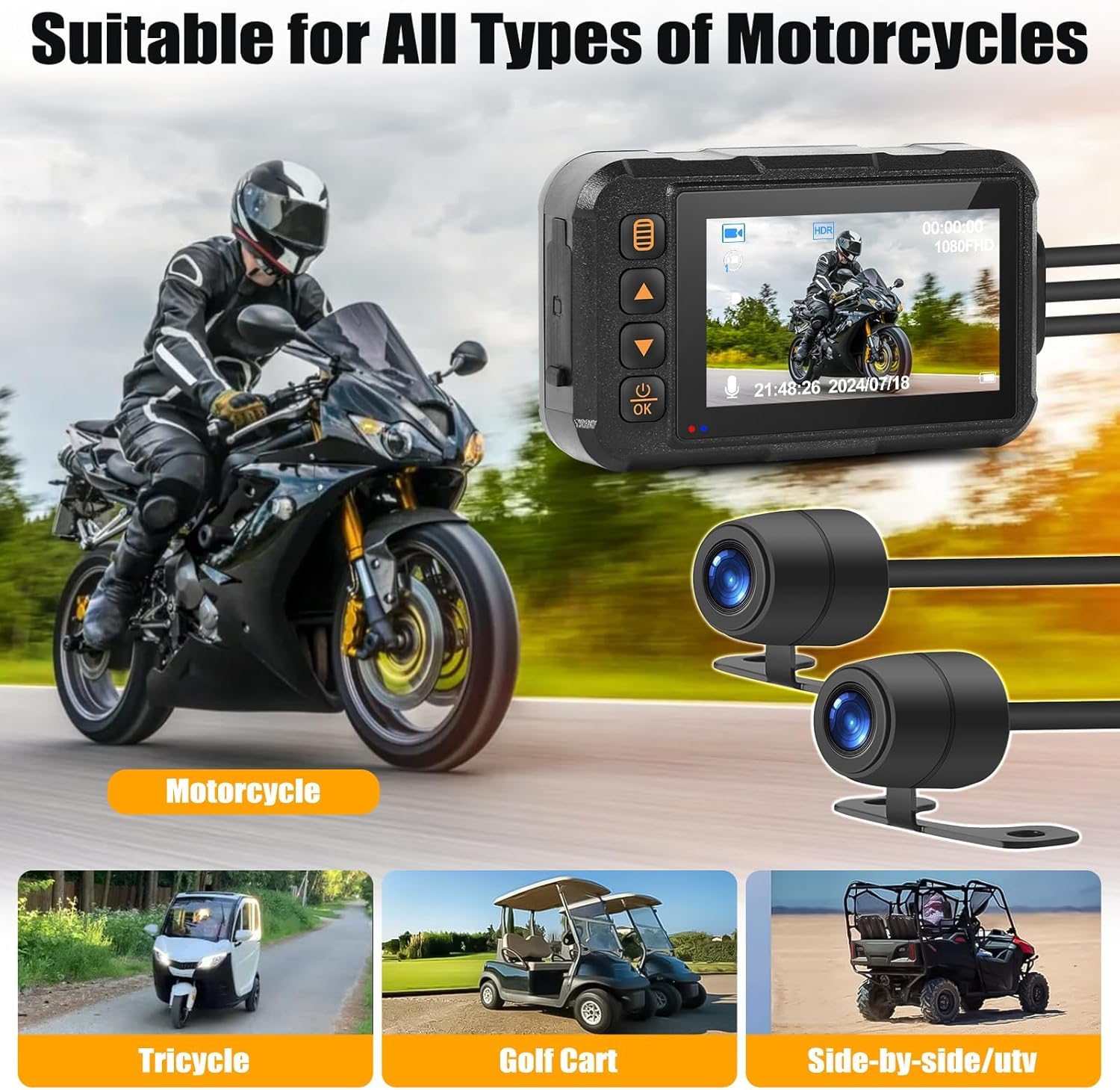 CAMECHO Moto Dash Cam 3 Pollici Schermo con 64GB TF Scheda, IP67 Impermeabile Doppia Telecamere Grandangolare 120 Gradi 90 Gradi Fotocamera per Moto con HDR, G-Sensor, Registrazione in Loop