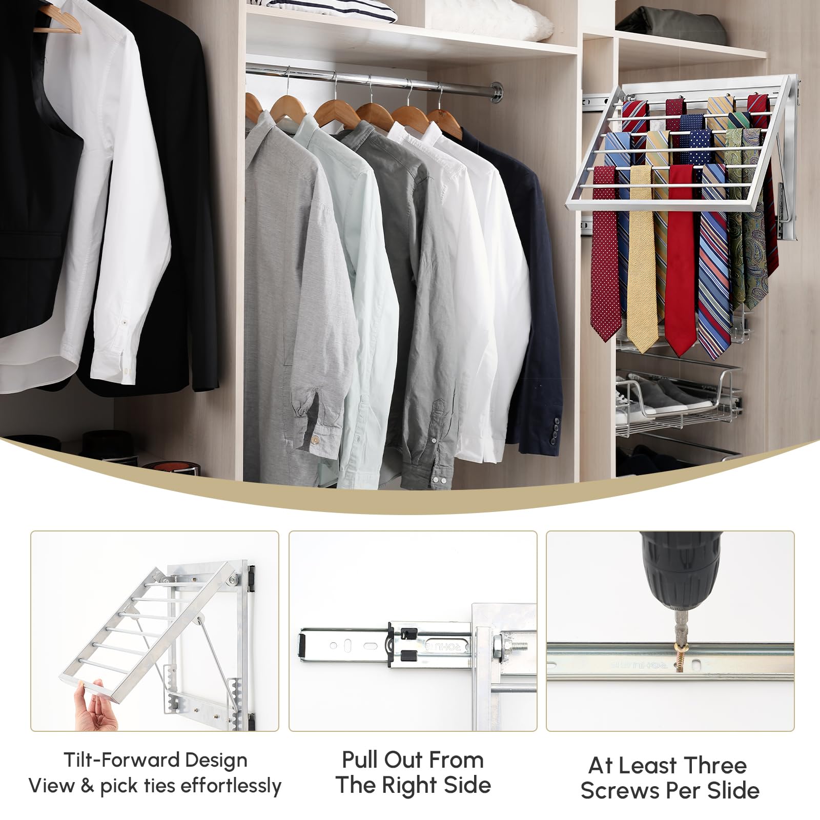 Blulu 1 x ausziehbarer Krawattenhalter für Schrank, ausziehbare Wandhalterung, ausziehbar, stabiler Metall-Gürtel-Organizer für Herren, Gürtelaufbewahrung, 34 x 29 cm, silberfarben
