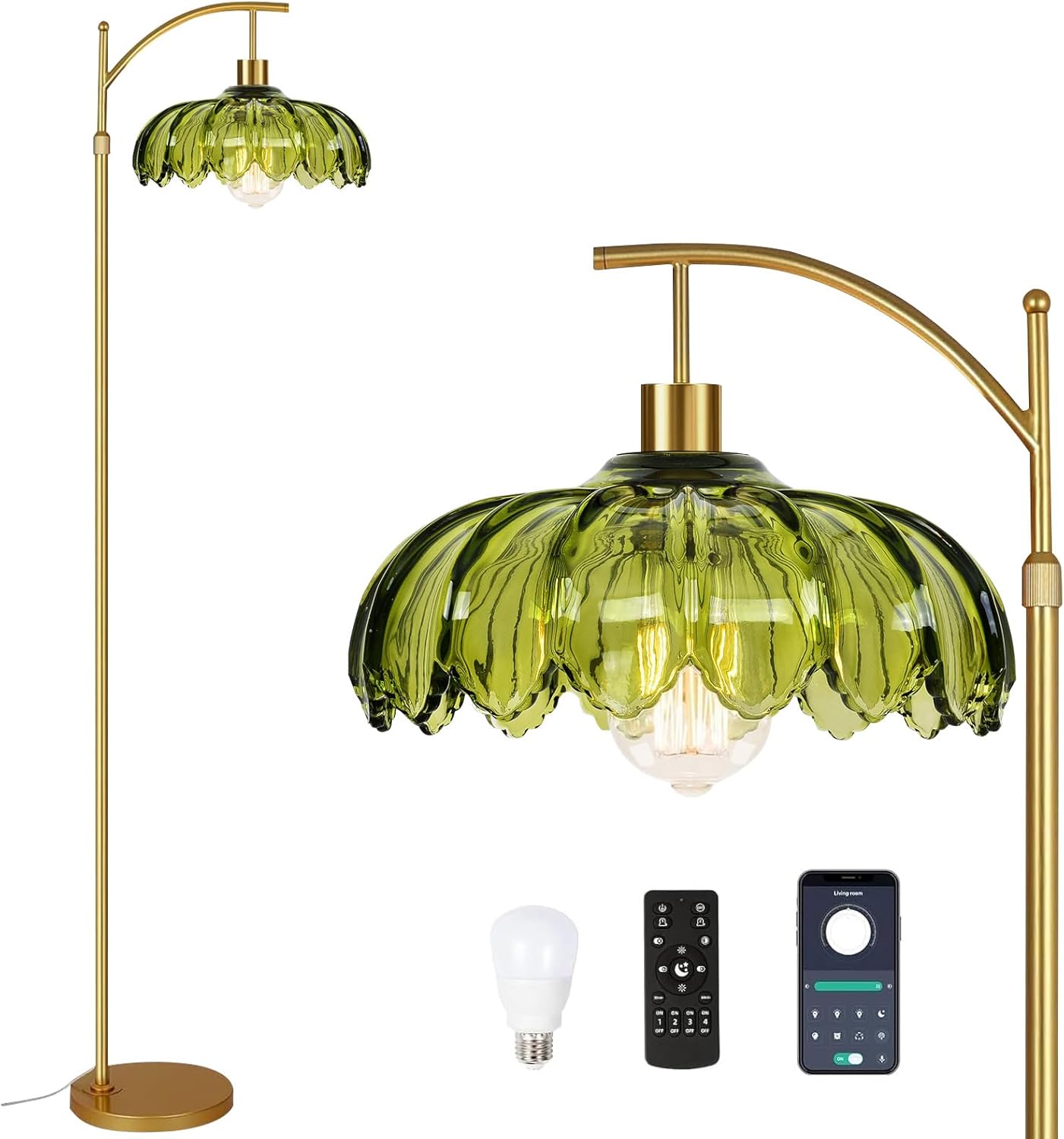Gold Floor Lamps for Living Room Glass Vintage Floor Lamp with Remote Control,Dimmable Mid Century Modern Standing Lamp with 3 Color Temperature Tall Flower Lamp Brass Floor lamp for Bedroom Corner