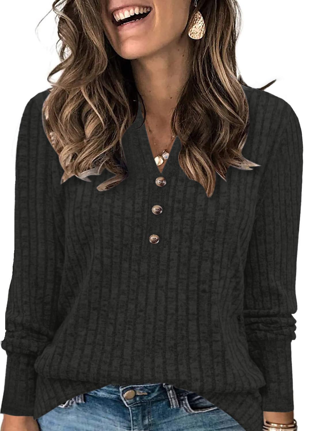 Suéter feminino plus size outono inverno manga longa malha canelada Henley tops casual macio pulôver túnica G-4GG