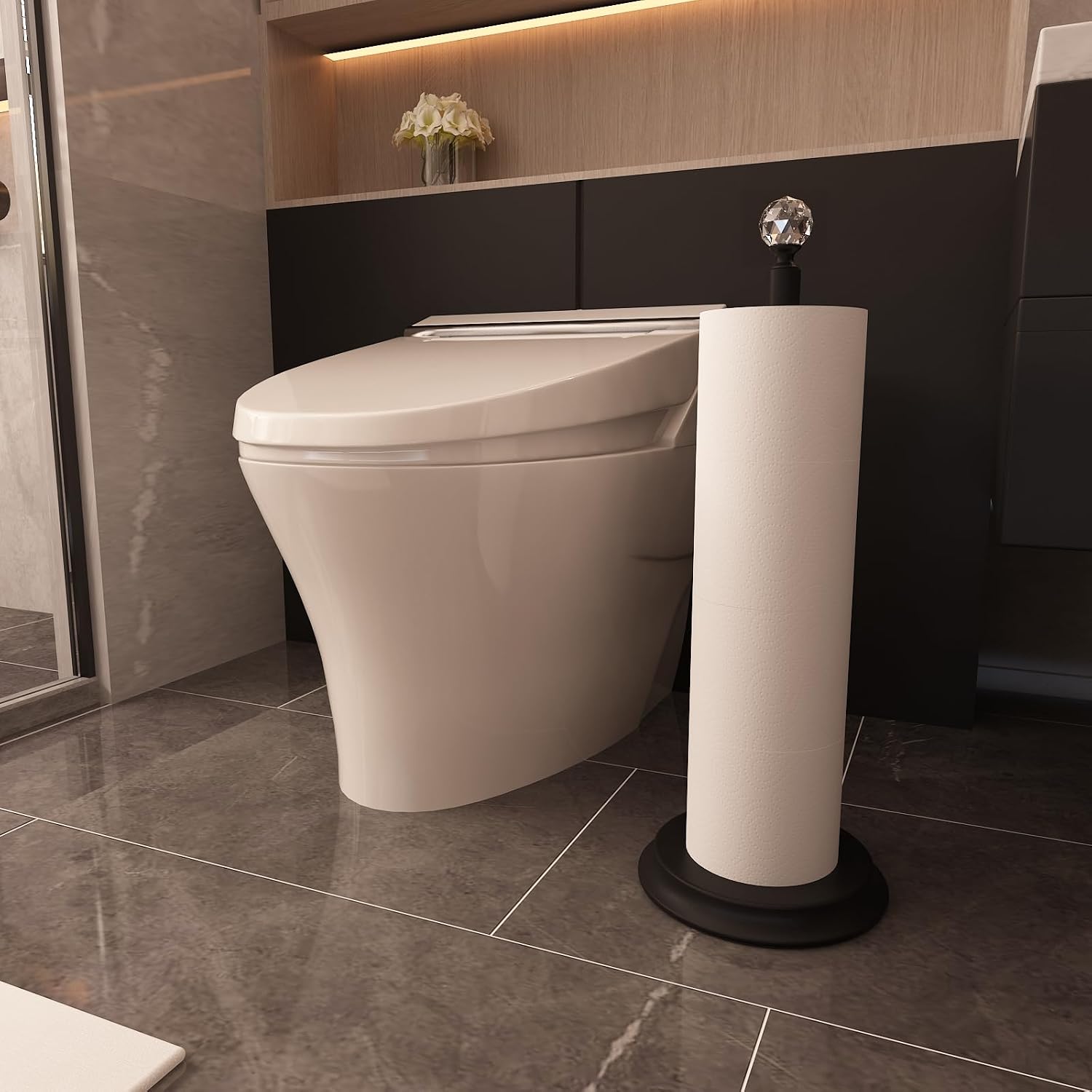 トイレットペーパーホルダースタンド(クリスタルヘッド付き)、バスルーム用、ティッシュペーパー収納4ロール収納、金属製自立式トイレスペ 【ローリングタオルラックタオルラック】