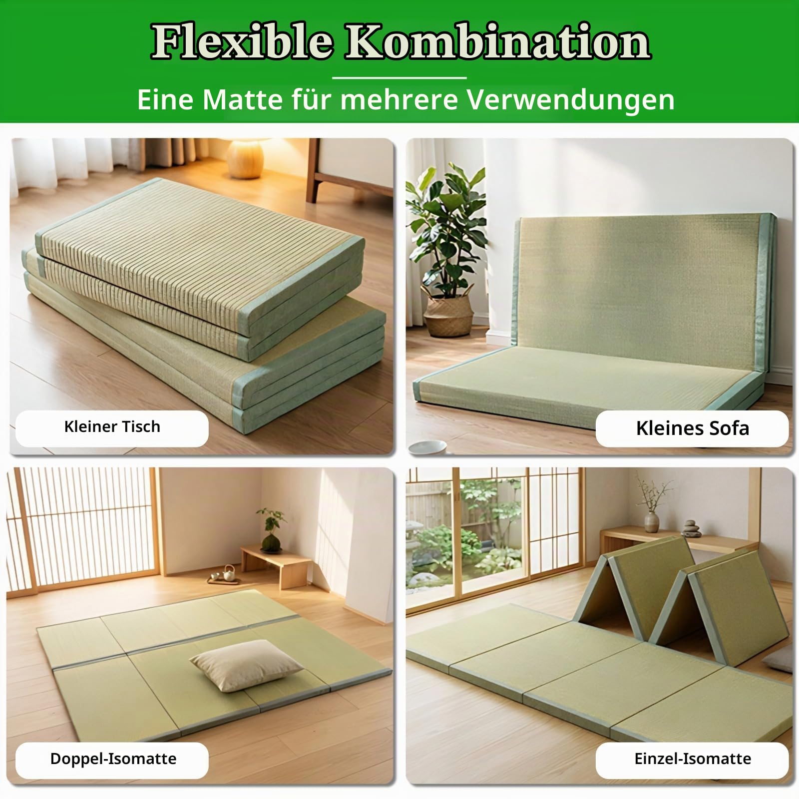 Japanische Tatami Matte 90x200 cm, Faltbare Igusa-Matratze, Dickere 3,5 cm, Bodenmatte für Schlafen, Area Teppich, Meditation, Yoga, Zen, Futon Boden, Grün