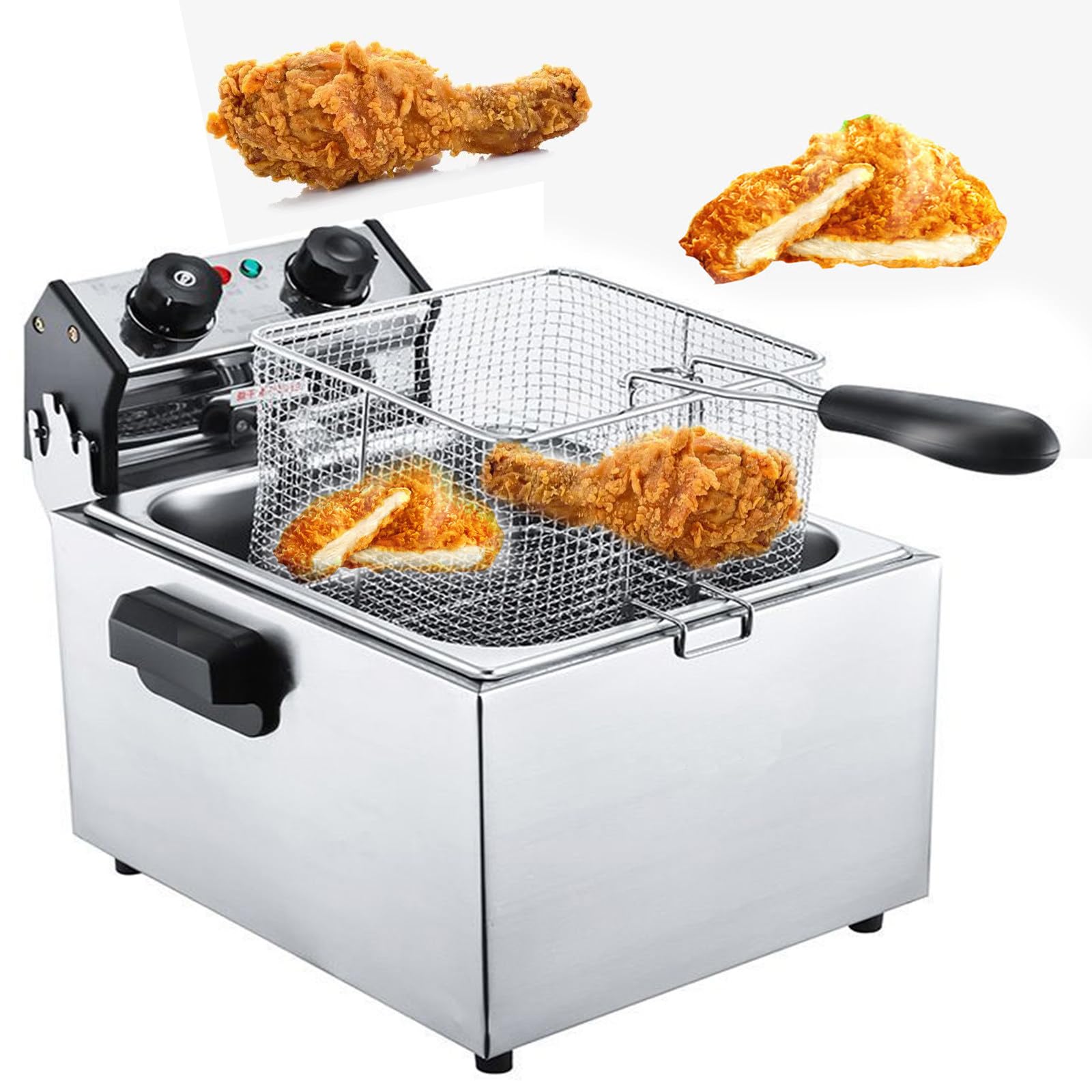 HCZKIUJY Large Stainless Steel Chip Pans,50-200°C Adjustable Temperature, with Baskets Lids for French Fries Chicken Shrimp (6L)