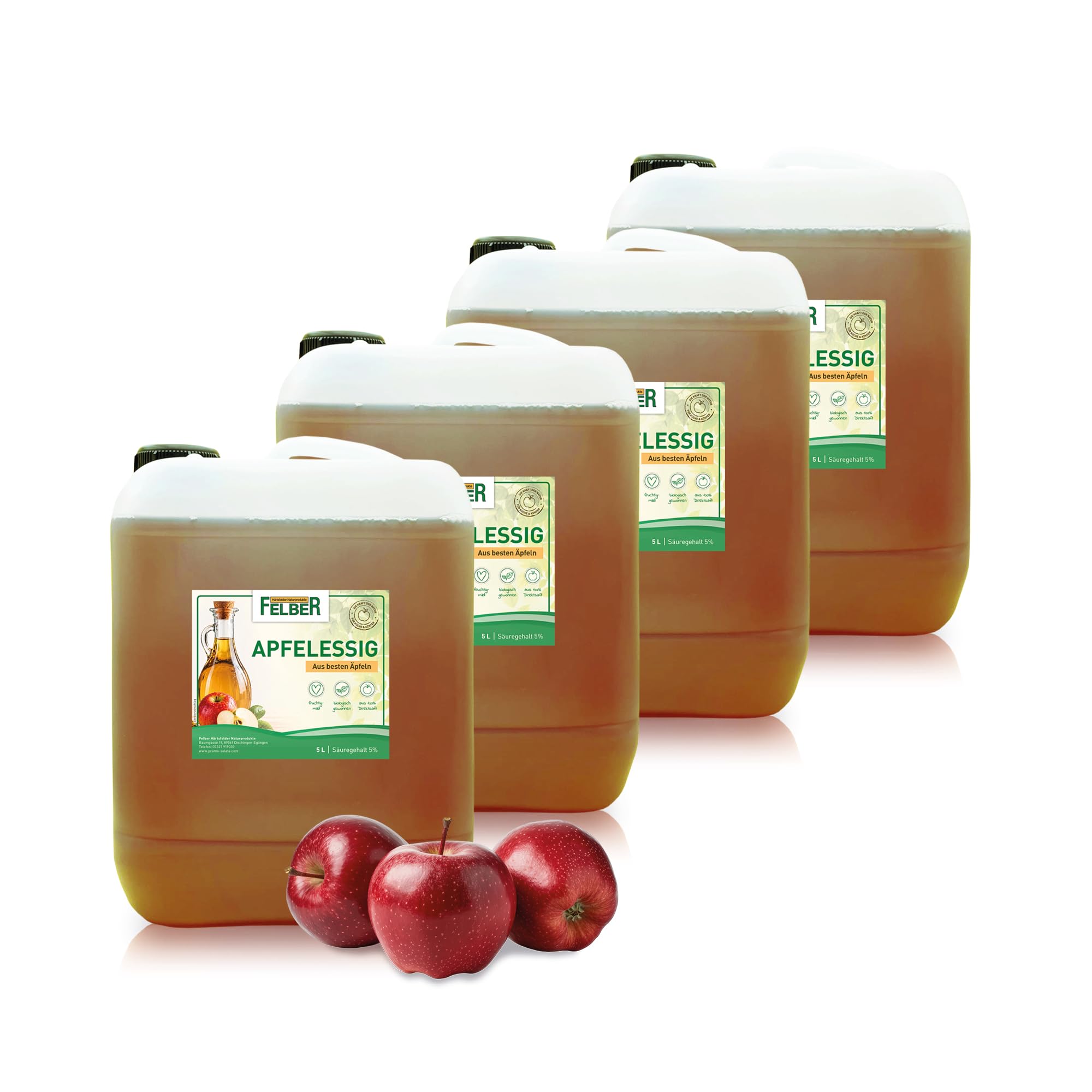 Felber Apfelessig 5% Säure 4x5 Liter - Hochwertiger, klarer Apfel Essig, natürlich fruchtig - mild