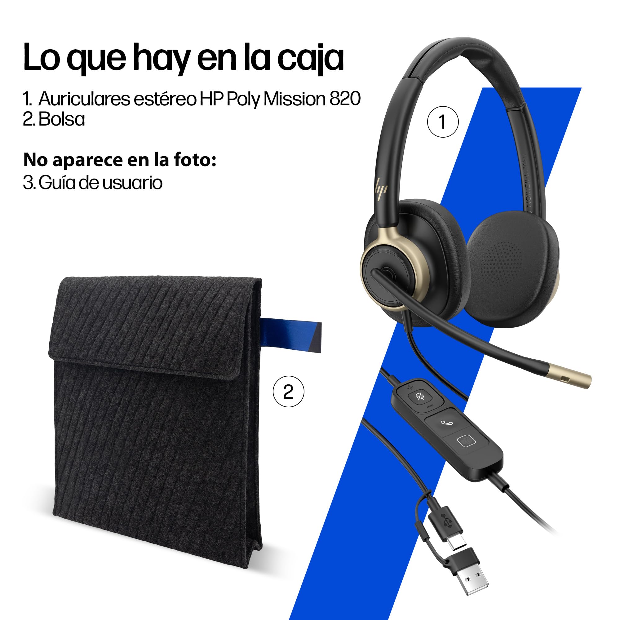POLY HP Mission 820 Auricular USB-C Estéreo con Cancelación Activa de Ruido (ANC), Aíslate del Ruido y Concéntrate, Micrófono con cancelación de Ruido con IA, PC y Mac