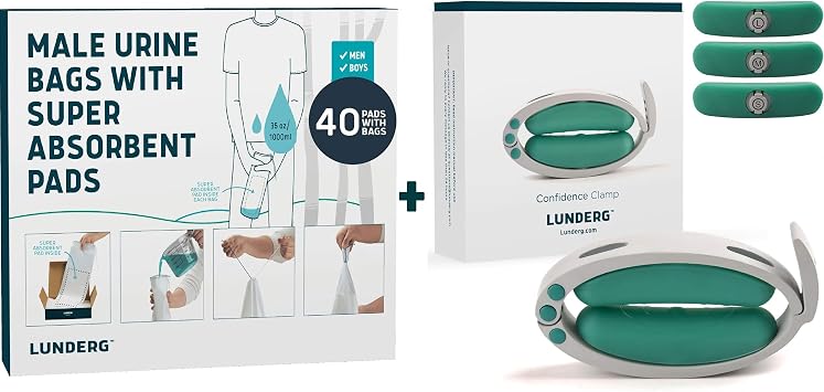 Lunderg Disposable Urine Bags for Men + Confidence Clamp - 40 Bags with Absorbent Pads & 1 Male Incontinence Clamp - Male Incontinence Products.