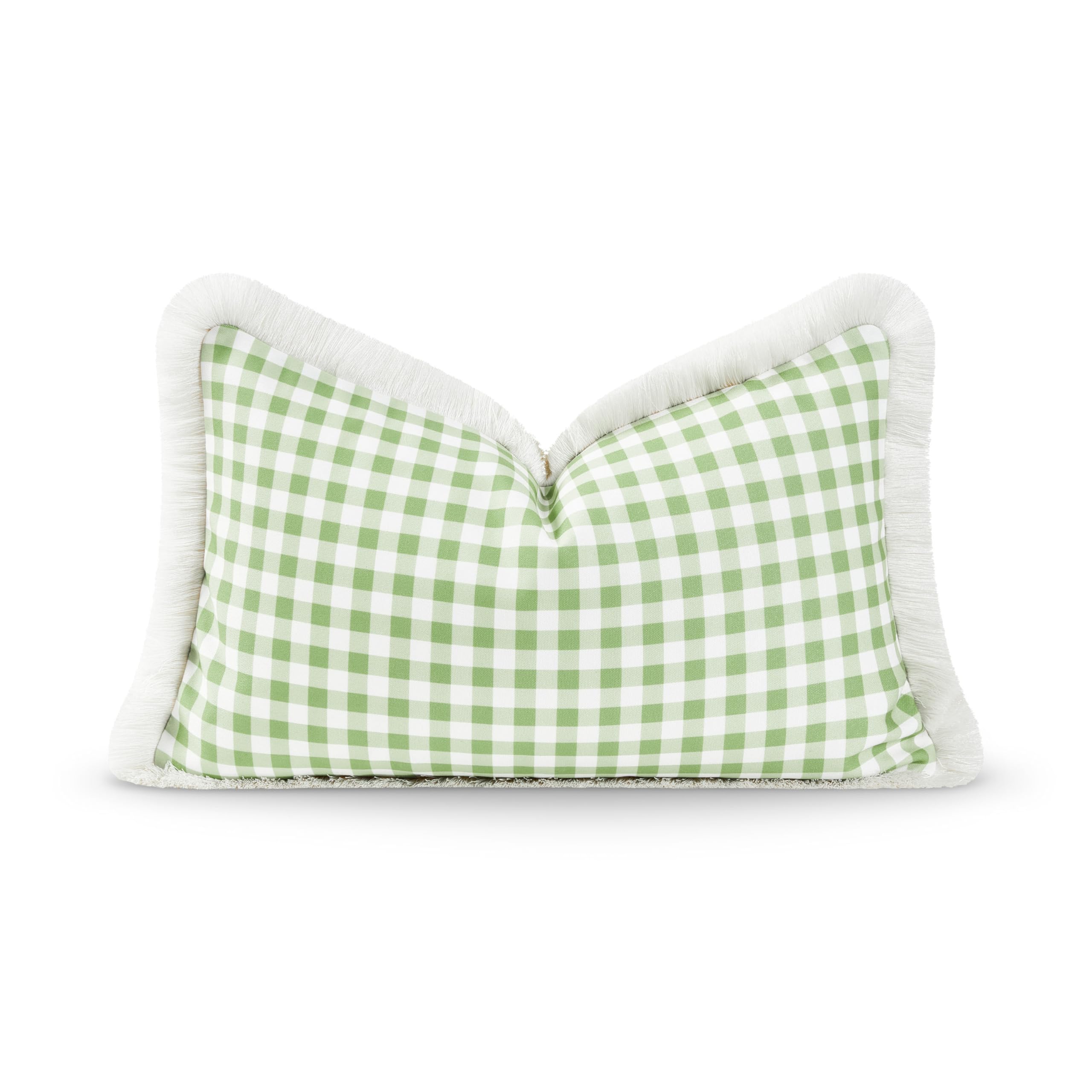 Hofdeco Premium Coastal Patio Indoor Outdoor Lumbar Pillow Cover Only, 12"x20" Water Resistant for Backyard, Couch, Green Gingham Fringe