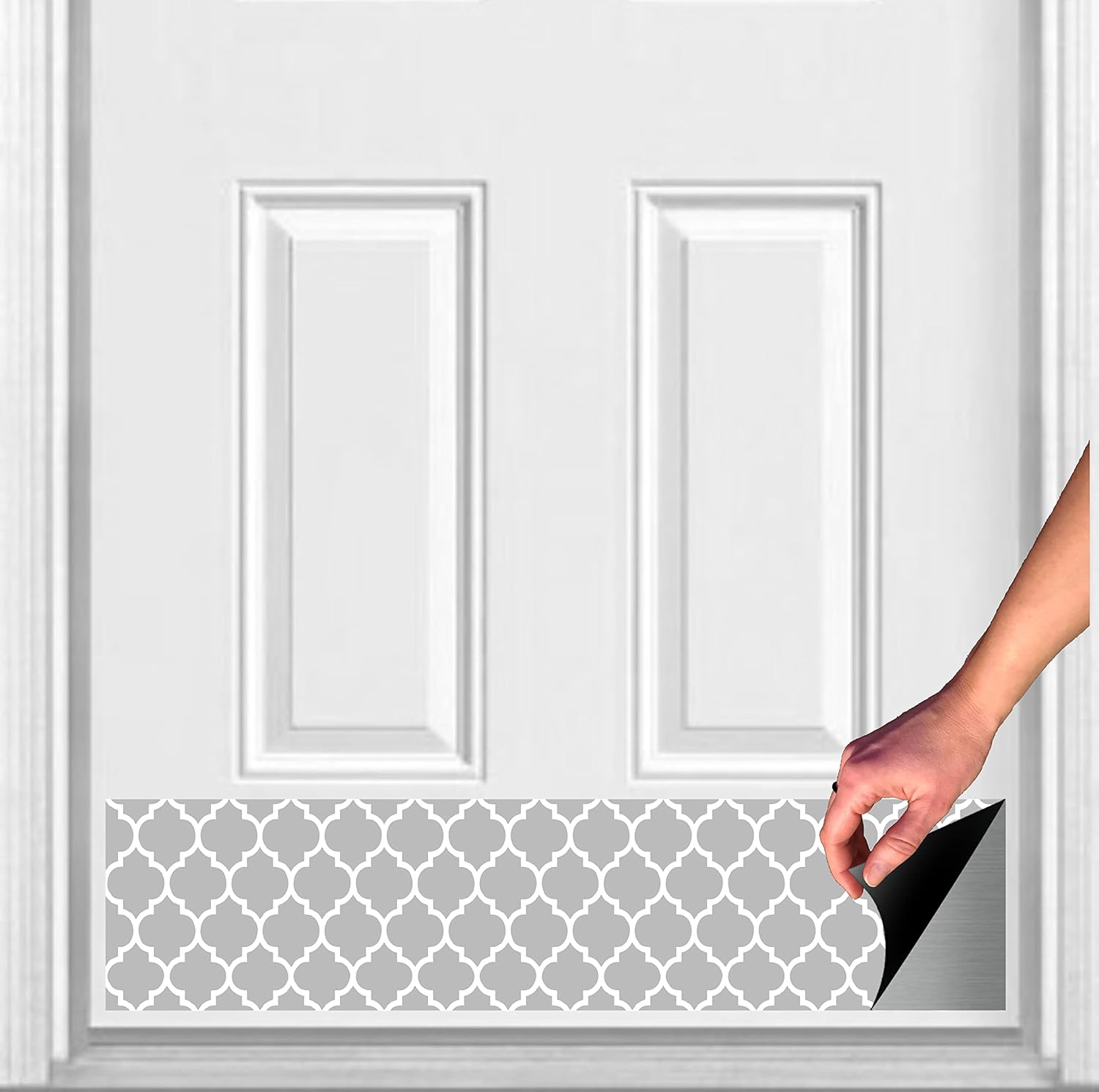 Deck the Door Decor | Door Kick Plate - Magnetic for Steel Doors - Pattern Designs - UV Printed Finish - Multiple Colors & Sizes (8 x 34" with Mounting Plate, Moroccan Print (Grey))