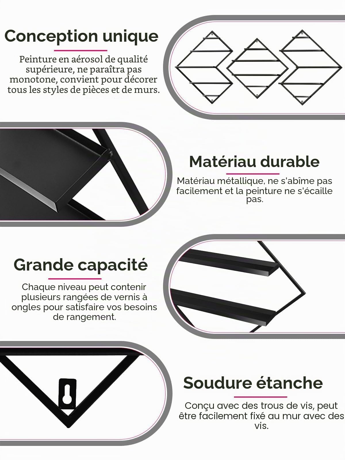TOROKOM Étagère murale en métal pour vernis à ongles, cosmétiques, rouge à lèvres, parfum, huiles essentielles pour maison, spa, salon de manucure, magasin (losange irrégulier noir)