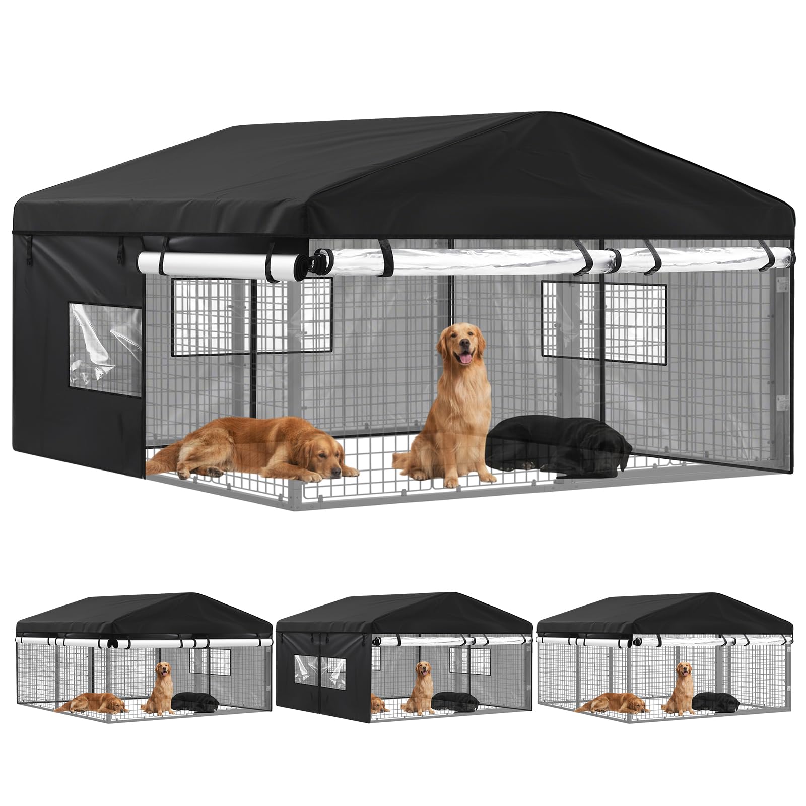 Chunm Outdoor Dog Kennel Cover 10'D x 10'W x 7'H Full Coverage with Clear PVC Window 600D Oxford Fabric Windproof Waterproof Protection Anti UV for Dog Kennels, Cover Only