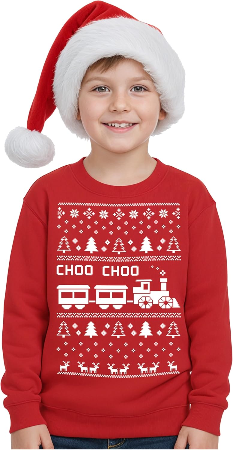 Tstars Choo Choo Train Boys Ugly Christmas Sweatshirt Tacky Sweater Style Xmas Holiday Youth Kids Sweatshirts Medium Red