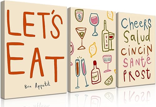 Miniatura 1 de GALWUJG Juego de 3 impresiones artísticas de pared para cocina, arte de pared con texto en inglés "Cheers" de colores, arte de pared estético de