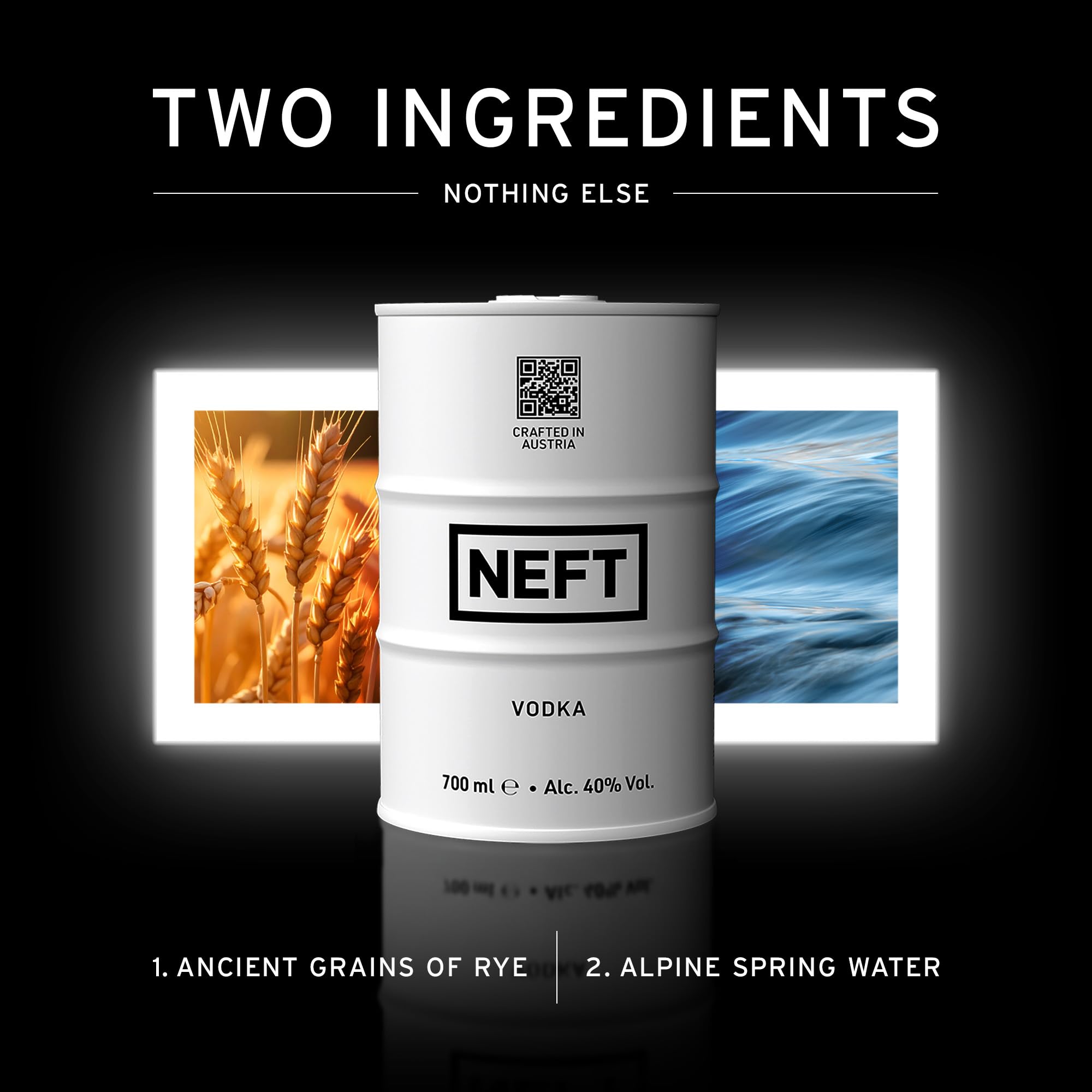 NEFT Vodka White Barrel 70 cl – Ultra-Premium Wodka aus Österreich – 40 % Vol. |Alpen-Quellwasser & Roggen | Weich, rein & stylisch | Bruchsicheres Design | Ideal pur & im Cocktail