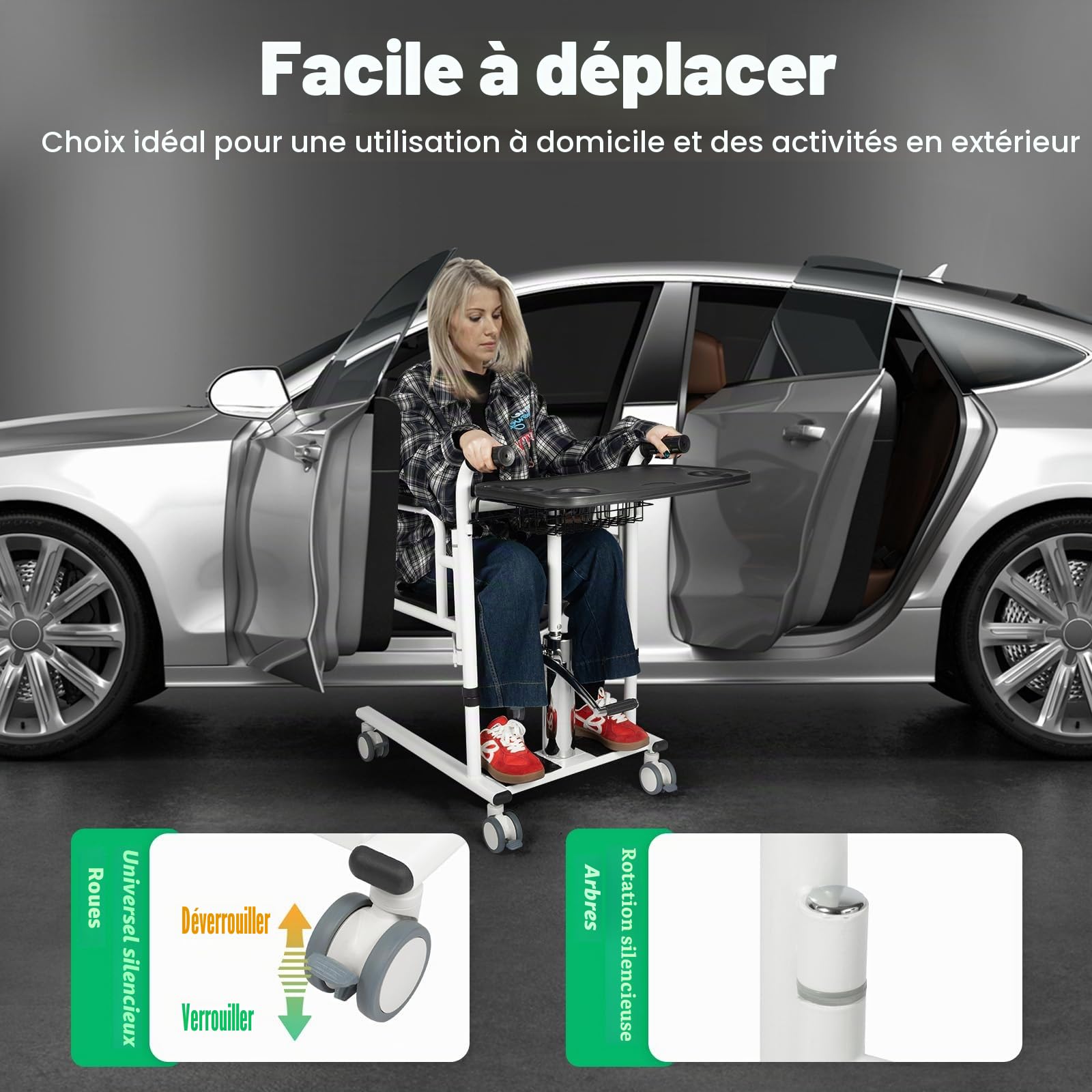 Chaise De Transfert Hydraulique Pour Patients, RéGlable En Hauteur Avec Plateau De Table, Rulettes Verrouillables Et SièGe Divisé à 180 °, Chaise De Douche Pour Personnes âGéEs Et Handicapées (Noir)