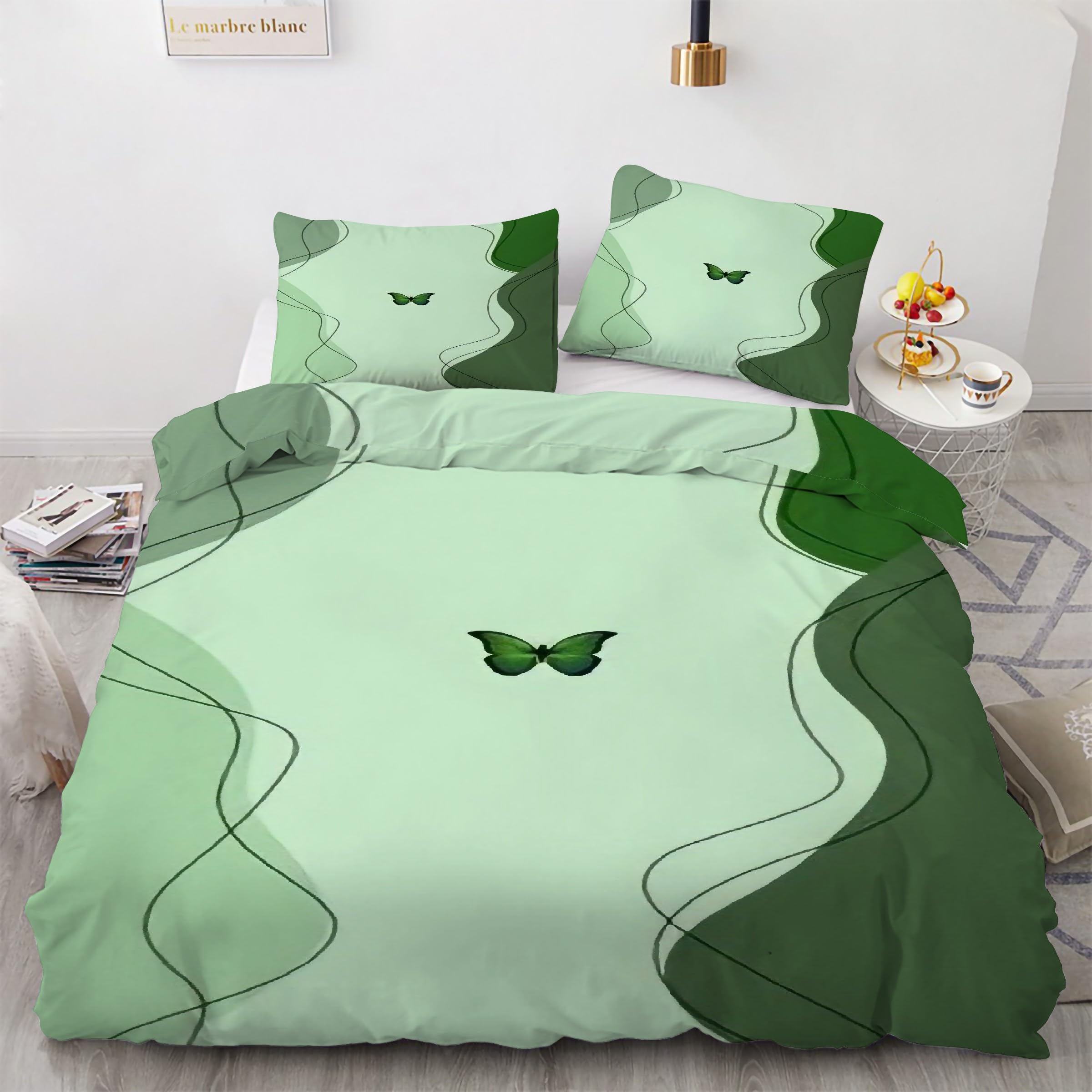 Parure de lit 90x190 lignes vertes papillon avec housse de couette en microfibre et taies