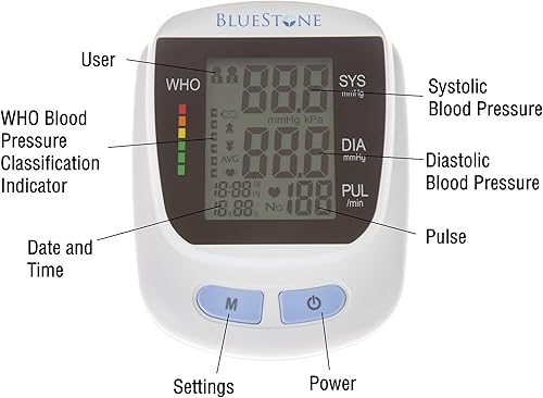 Miniatura 4 de Bluestone Monitor automático de presión arterial superior del brazo con puño y pantalla LCD, lecturas rápidas de BP y pulso, indicador de la OMS con