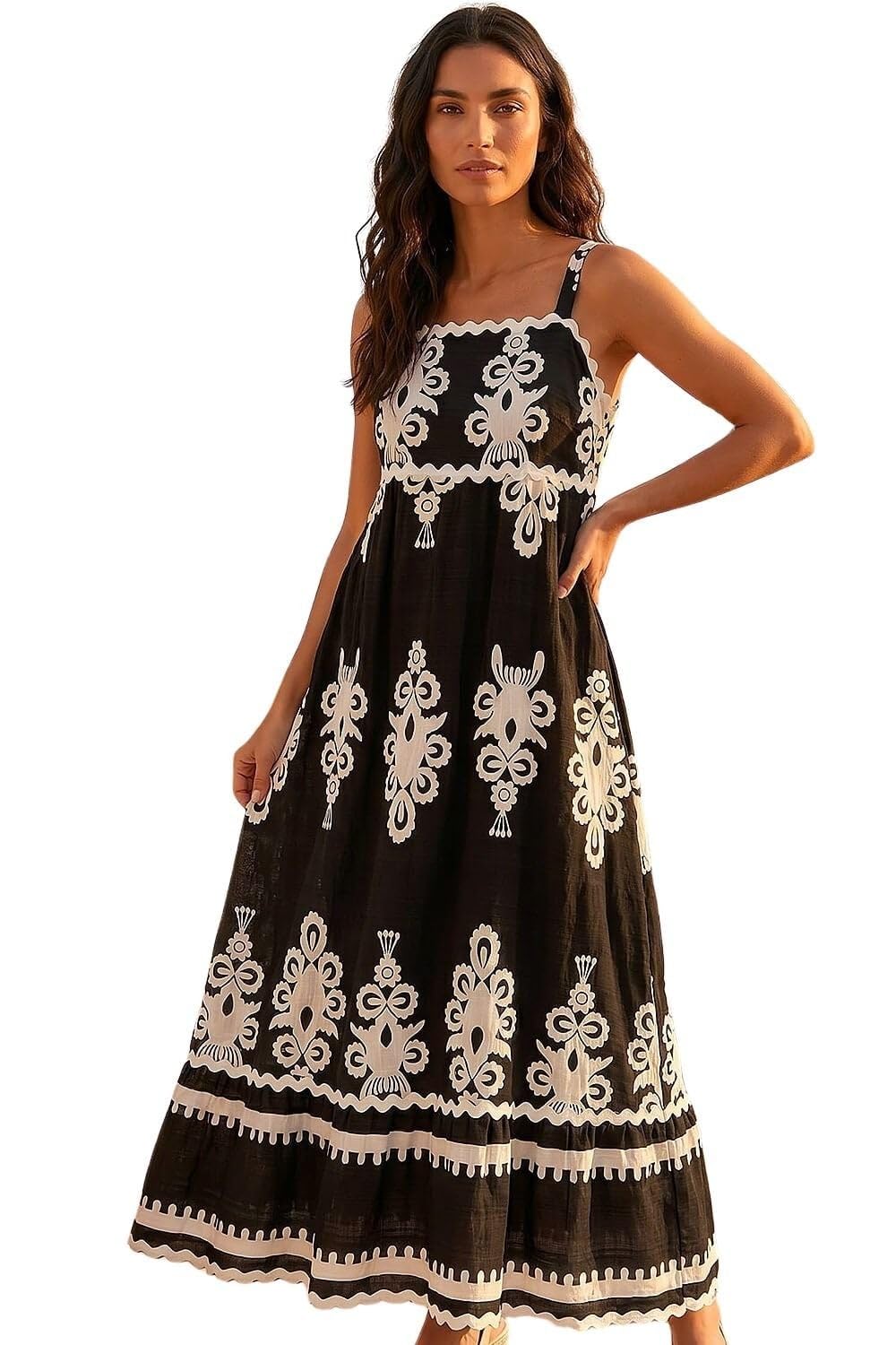Roman Originals Floral RIC Rac Maxi Dress for Women UK - Ladies Everyday Holiday Spring Summer Square Neckline Comfy Soft Evening Vacation Work Party