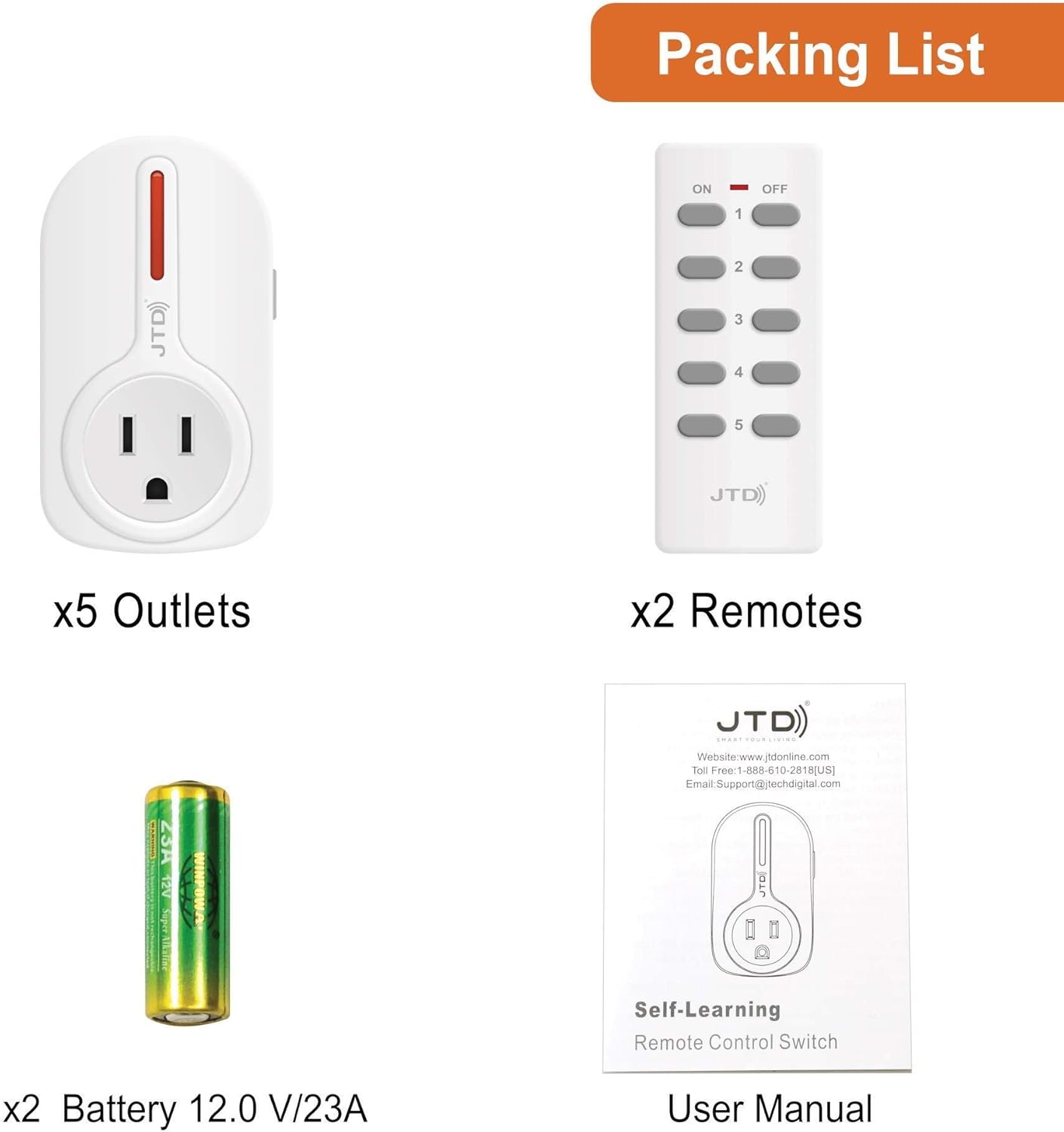🛒 Crazy Deals JTD 5 Pack Remote Control Outlet Switch 3rd Generation Energy Saving Auto-programmable Wireless Electrical Plug Switch for Household Appliances Lighting & Electrical Equipment (2 Remotes) One-Day Sale: Up to 40% Off JTD 5 Pack Remote Control Outlet Switch 3rd Generation Energy Saving Auto-programmable Wireless Electrical Plug Switch for Household Appliances Lighting & Electrical Equipment (2 Remotes)