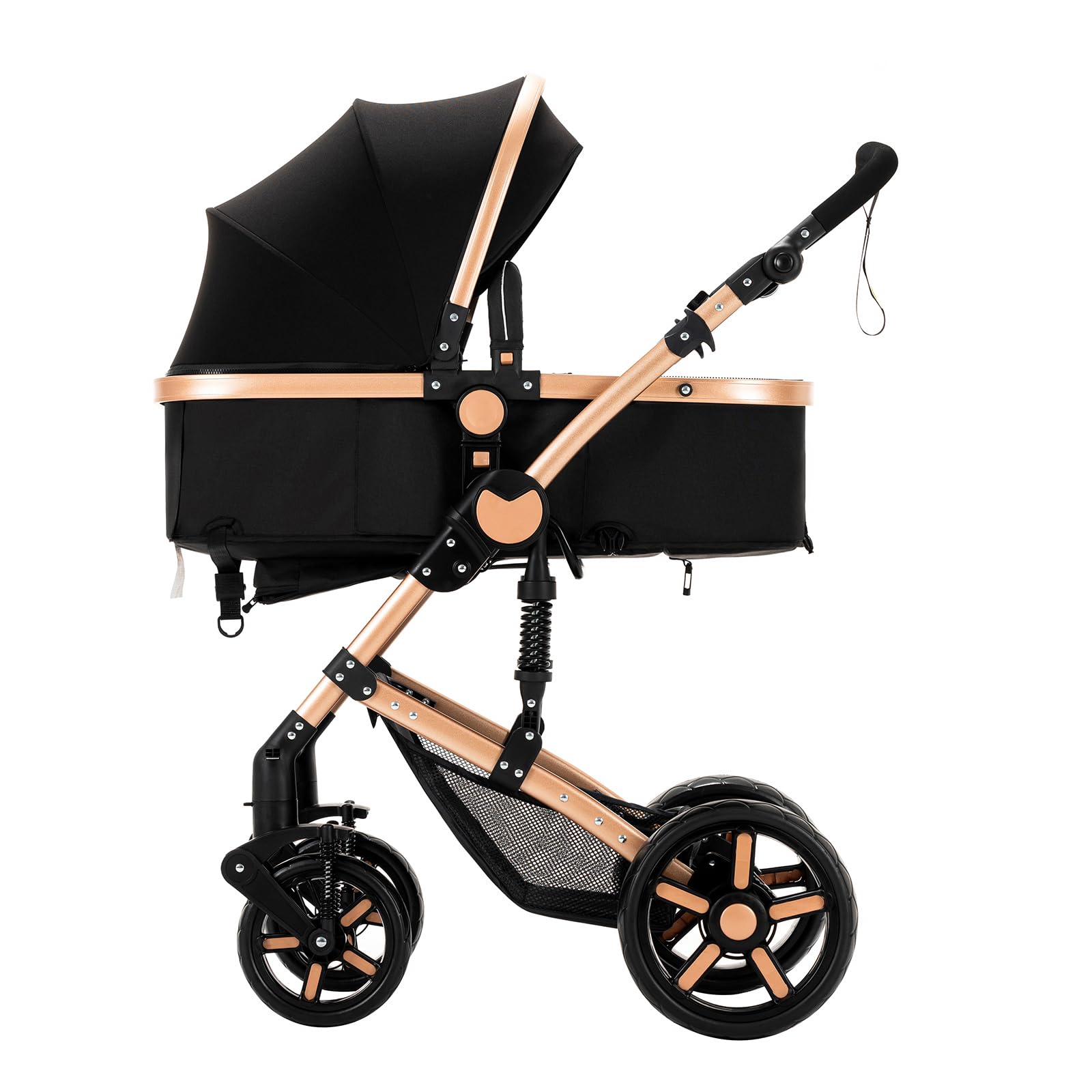 Kinderwagen 3 in 1 Set mit Umkehrbarem Zwei-Wege-Schub, Faltbar, Aluminiumlegierung Rahmen, Baby Kleinkind Neugeborene (black gold)