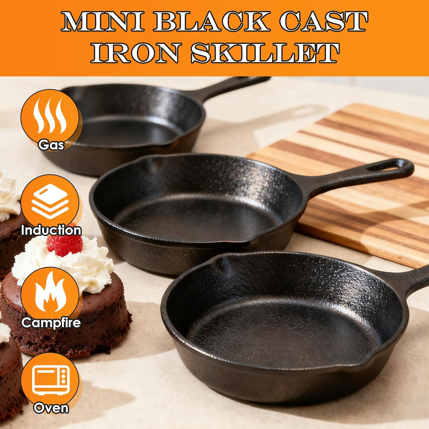 Mini Cast Iron Skillet Set of 6, 4 Inch Small Frying Pan with Handle, Cast Iron Skillet with Silicone Mitt, Pre Seasoned Mini Skillets for Camping, Kitchen Cooking, Indoor and Outdoor (Black)