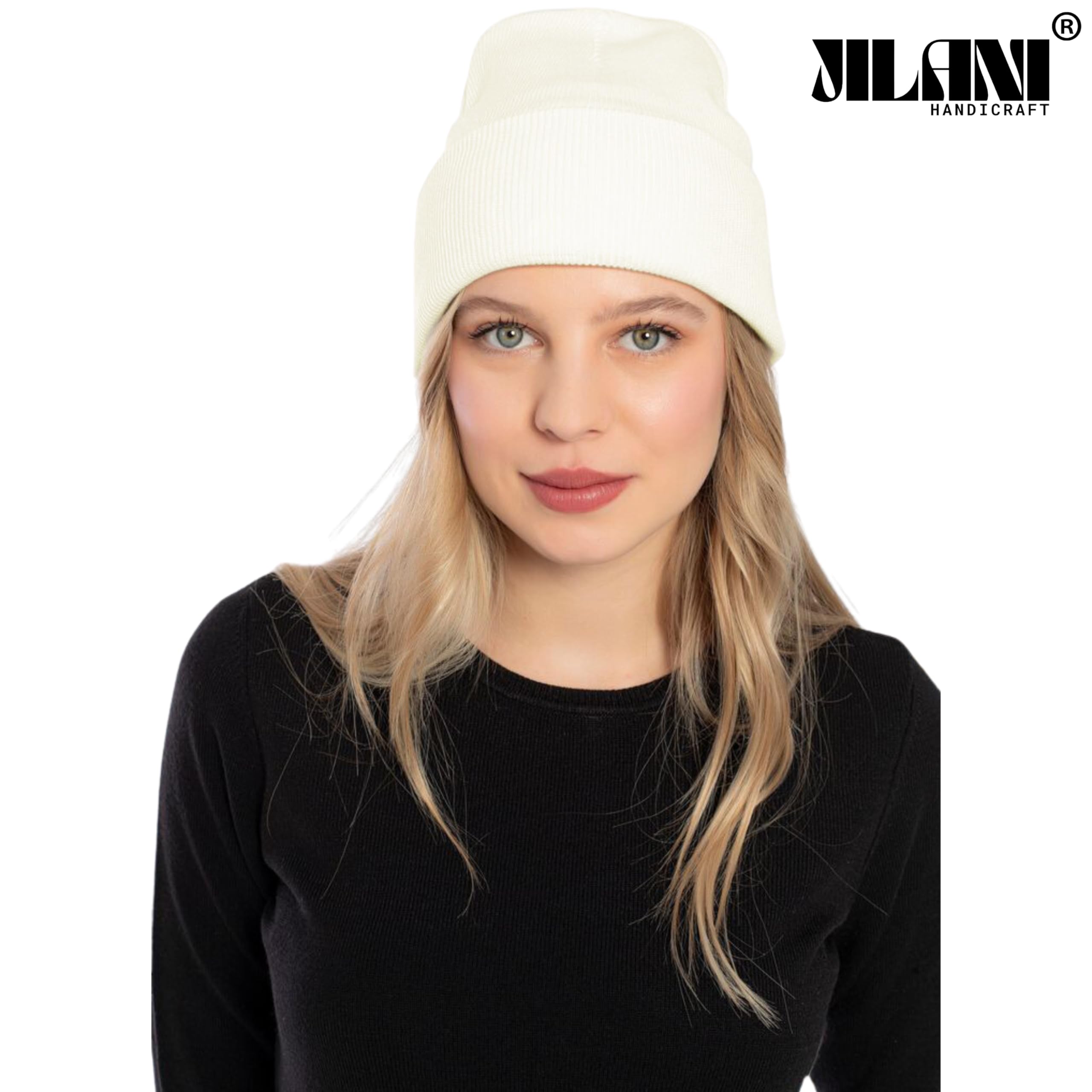 JILANI HANDICRAFT Soft Multicolor Winter Hats, Knitted Beanie Hats for Women & Men Knit Cuffed Beanies Women Plain Beanies, Cream, One Size 1