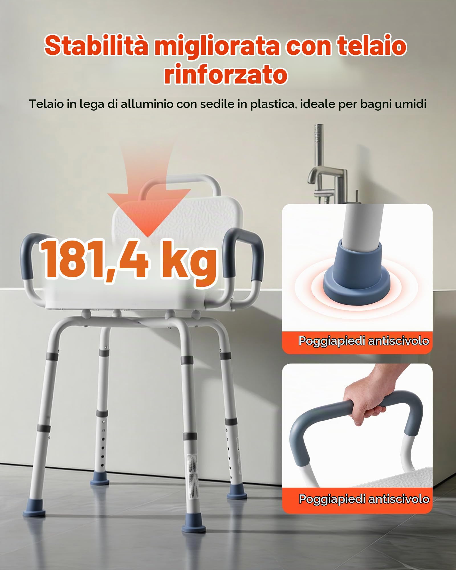VEVOR Sedia da Doccia Girevole con Braccioli Schienale, Sedile Girevole per Trasferimento Vasca da Bagno Box Doccia Altezza Regolabile per Anziani Pazienti, Carico max 180 kg, Panca Mobilità da Bagno