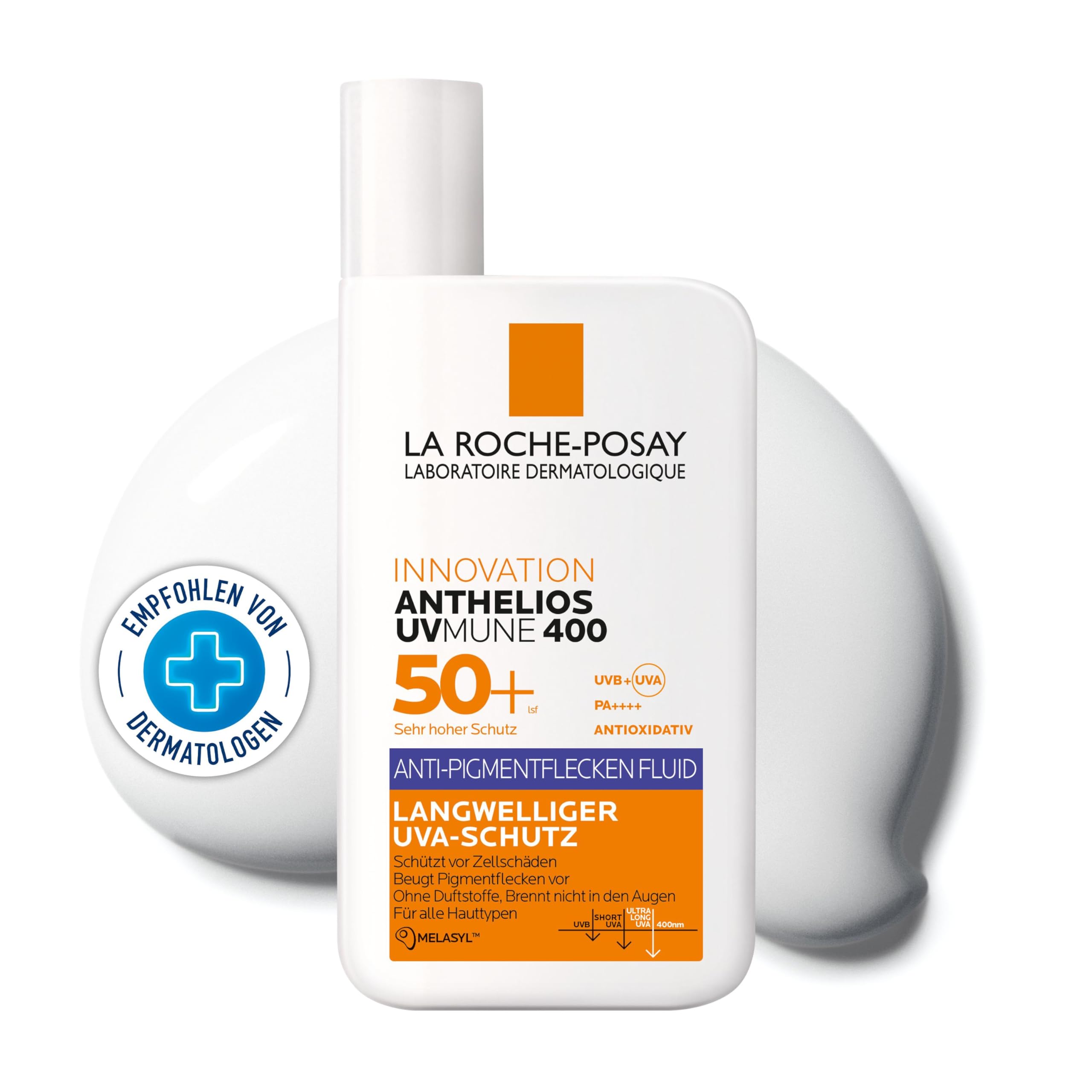 La Roche-Posay Anthelios UVMUNE 400 Anti-Pigmentflecken Fluid LSF 50+, Effektiver Sonnenschutz mit Mexoryl 400 gegen langwellige UV-Strahlen, Für zu empfindliche, zu Pigmentflecken neigende Haut, 50ml