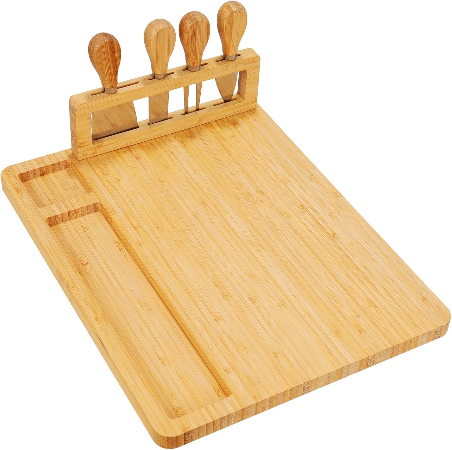 Bamboo Cheese Board Set, Charcuterie Platter and Serving Meat Board Including 4 Stainless Steel Knife and Serving Utensils, Unique Gifts for Christmas Wedding Birthday Anniversary(14''x11'') - Image 9