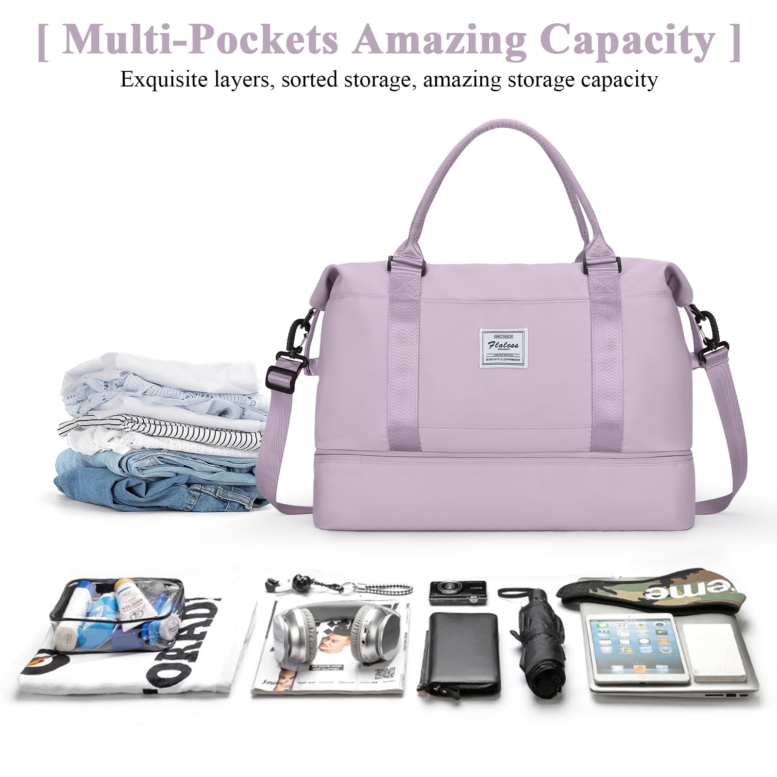 Borsone da Viaggio Donna, 45x36x20 Easyjet Bagaglio a Mano Borsa da Viaggio con Scomparto per le Scarpe, Borsa Sportiva Borsone da Palestra Grande, Borsa da Weekend,E7-Purpureo chiaro
