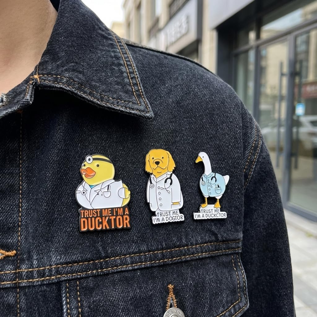 Funny Pun Animal Doctor Enamel Pins Set of 3 - Dogtor Ducktor Cartoon Brooches, Novelty Gift for Medical Professionals, Zinc Alloy Badges for Backpacks Jackets