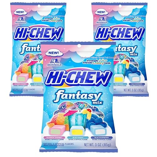 Hi Chew Candy Fantasy Mix – Sorbete arcoíris, Hawái azul y frambuesa azul, caramelo japonés masticable afrutado, 3 onzas por paquete, caramelo