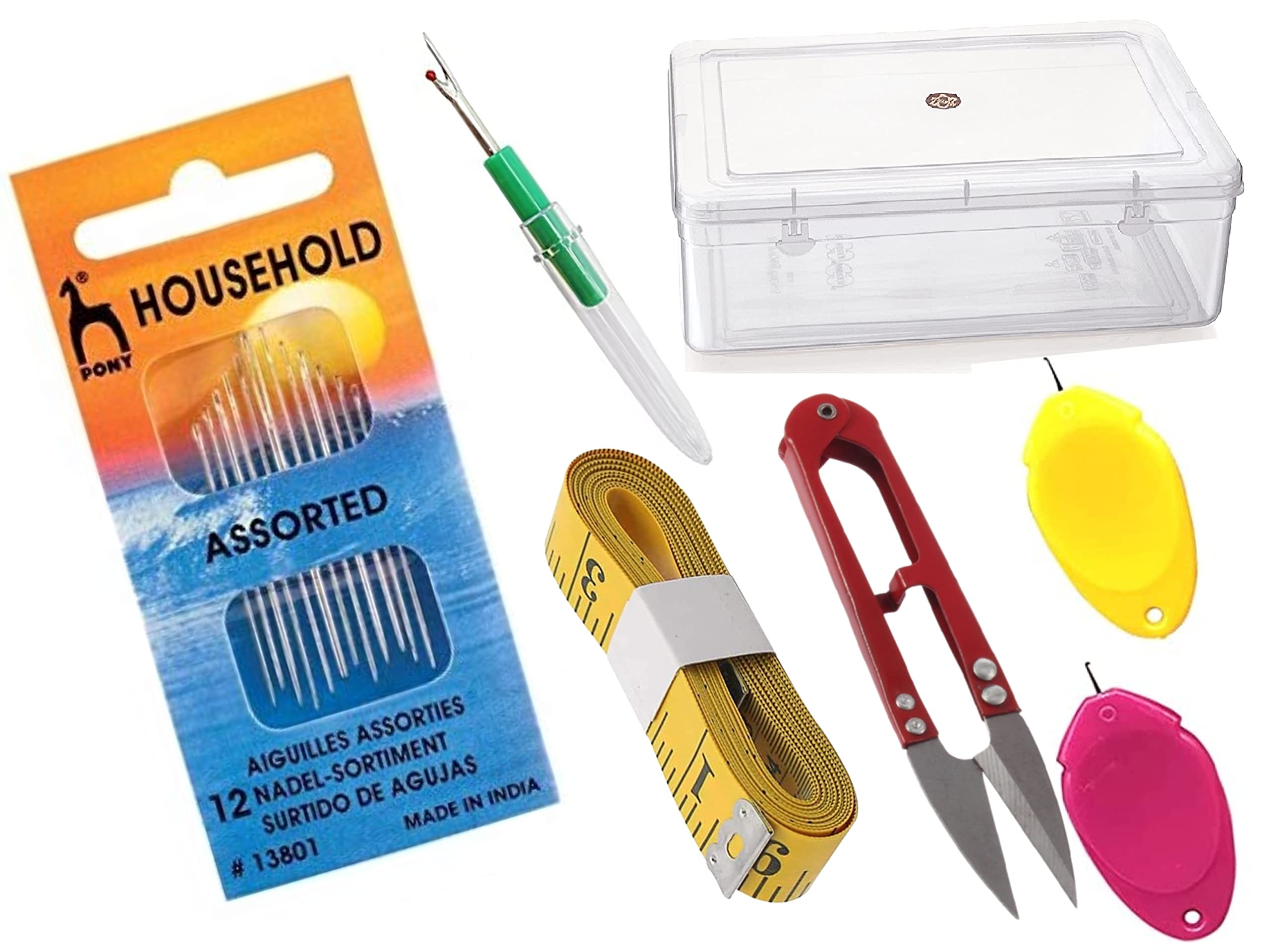 Artonezt Hand Sewing Needles for Wool, Household, Yarn (12 Pcs) and 1 Stitch Opener, 1 Measuring Tape, 1 Thread Cutter, 2 Needle Threader in Plastic Storage Container