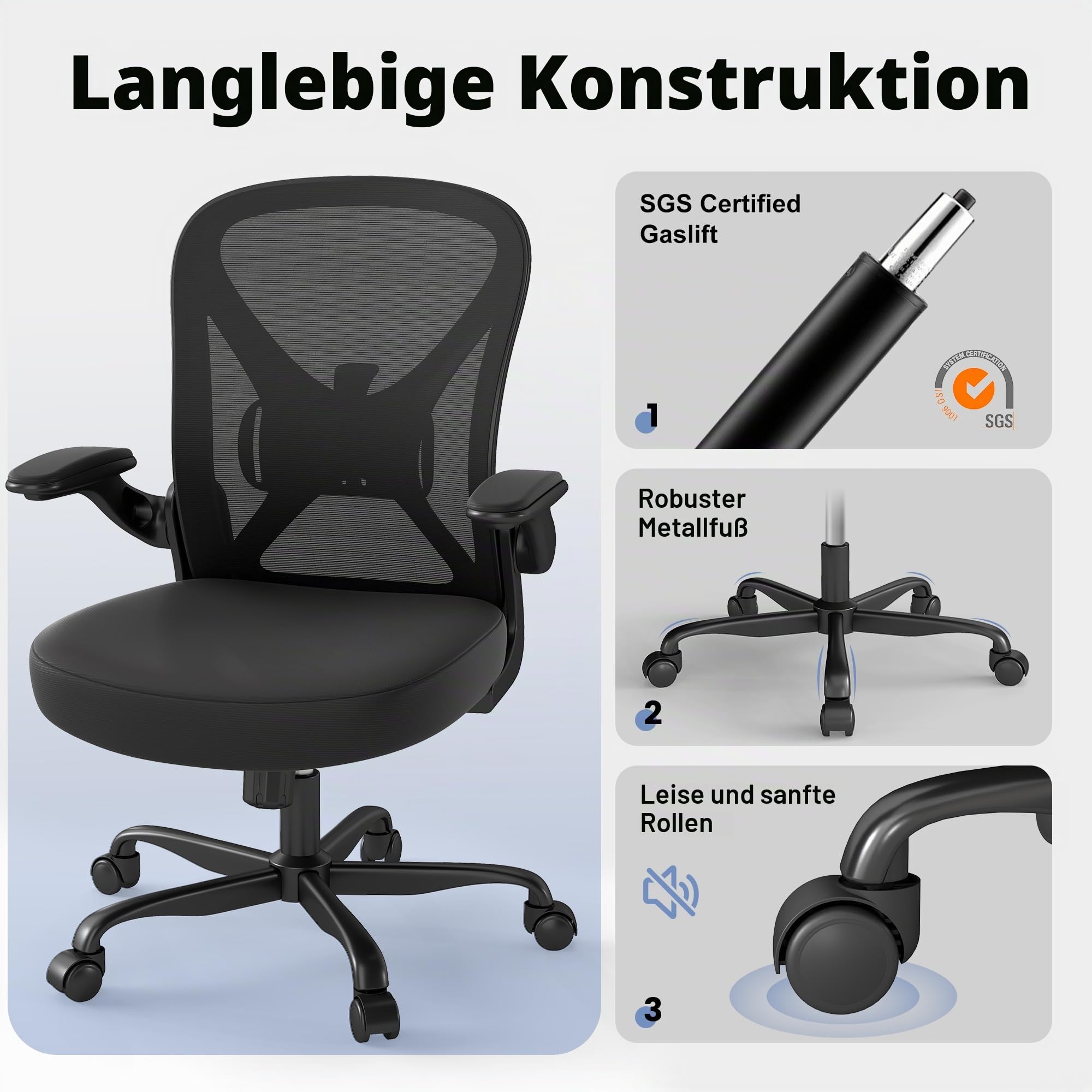 Ergonomischer Schreibtischstuhl, Mesh-Bürostuhl mit verstellbarer Lendenstütze & hochklappbaren Armlehnen, atmungsaktiver Computerstuhl fürs Homeoffice mit 360°-Drehung & Höhenverstellung, Schwarz