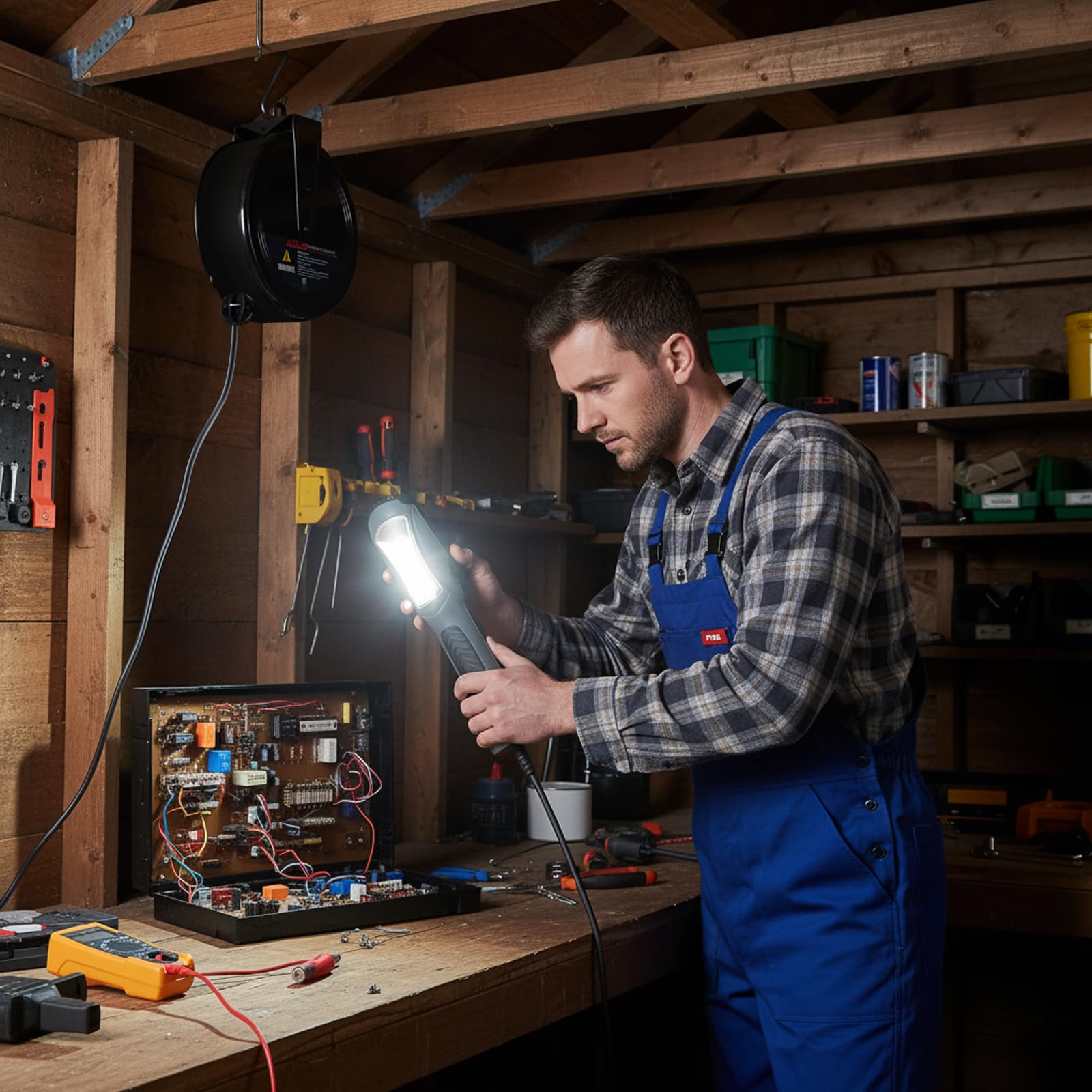Tragbare LED-Arbeitsleuchte mit 9,2 m einziehbarer Kabelrolle, 1600 Lumen, 116 AWG 3C SJTW Kabel, Handheld-Arbeitsleuchte, UV- und wetterbeständig, magnetische Halterung