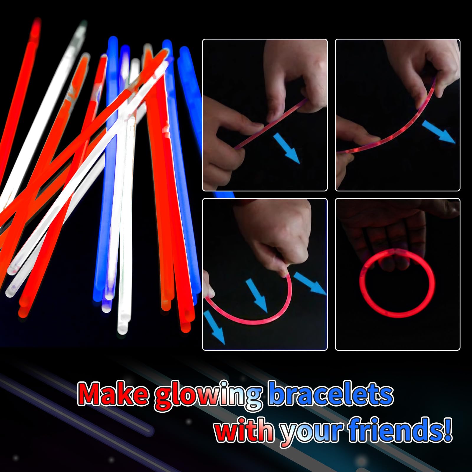 300 varillas brillantes del 4 de julio con conectores, pulseras y collares de neón rojo, blanco y azul, suministros de fiesta patrióticos iluminados a granel, decoraciones del Día de la